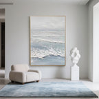 Minimalist blue and white 'Silver Tide' wave art with a gold frame.
