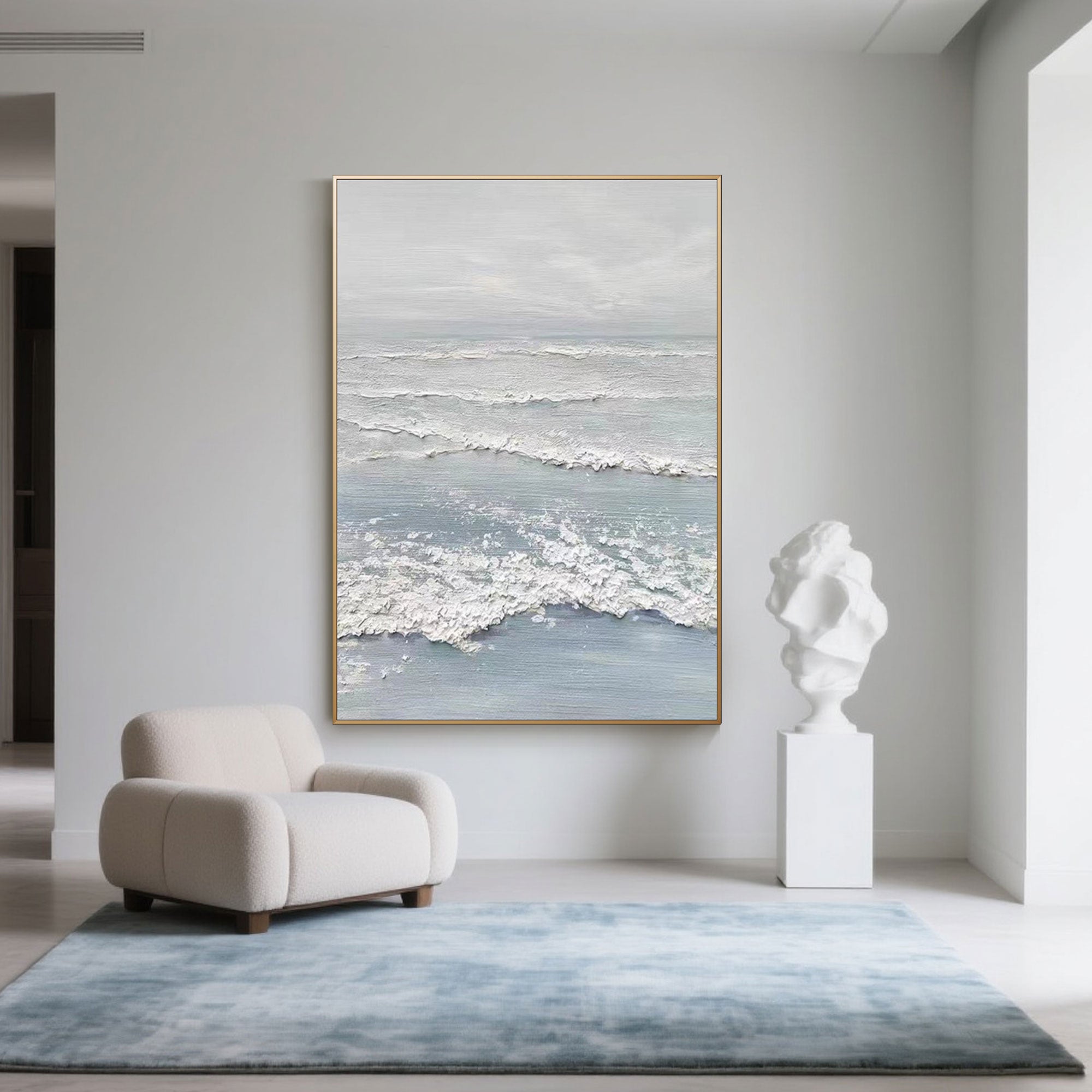 Minimalist blue and white 'Silver Tide' wave art with a gold frame.