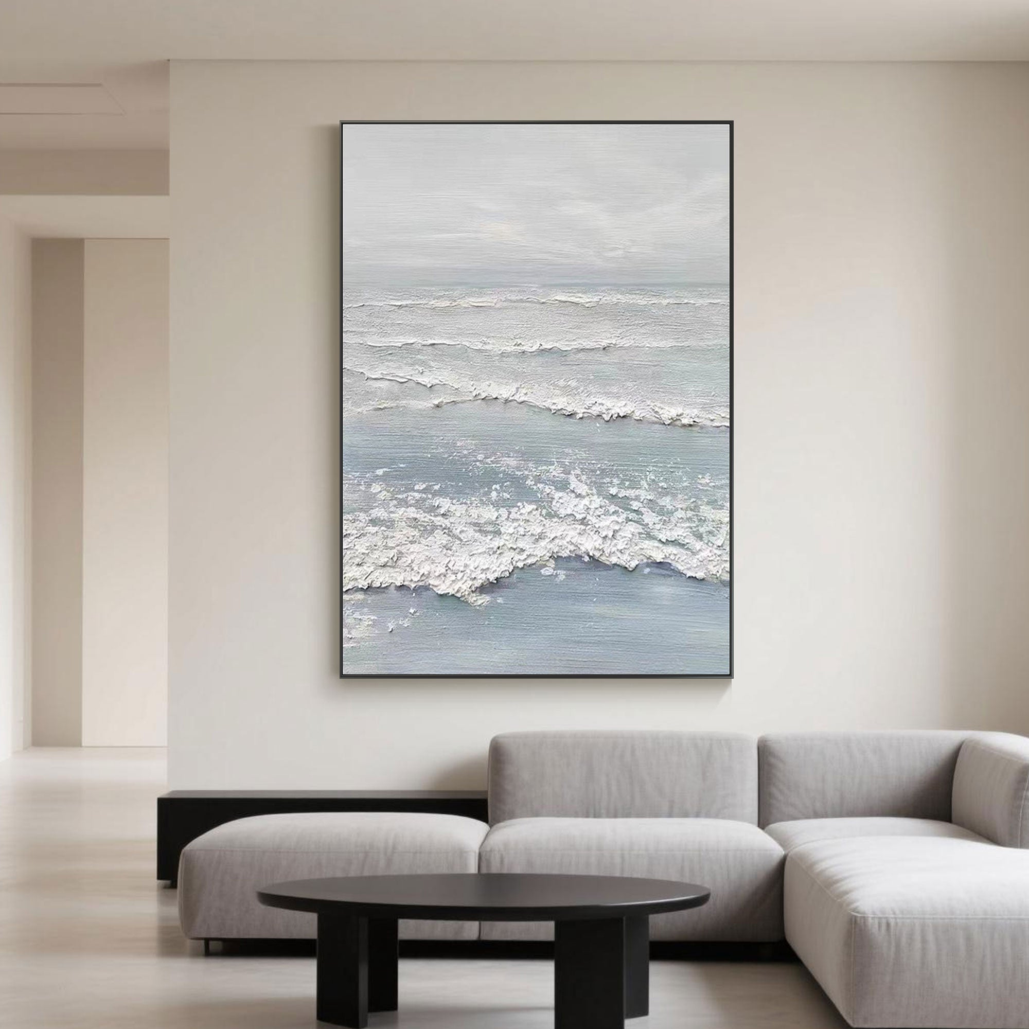 Vertical canvas of minimalist blue and white 'Silver Tide' wave art.