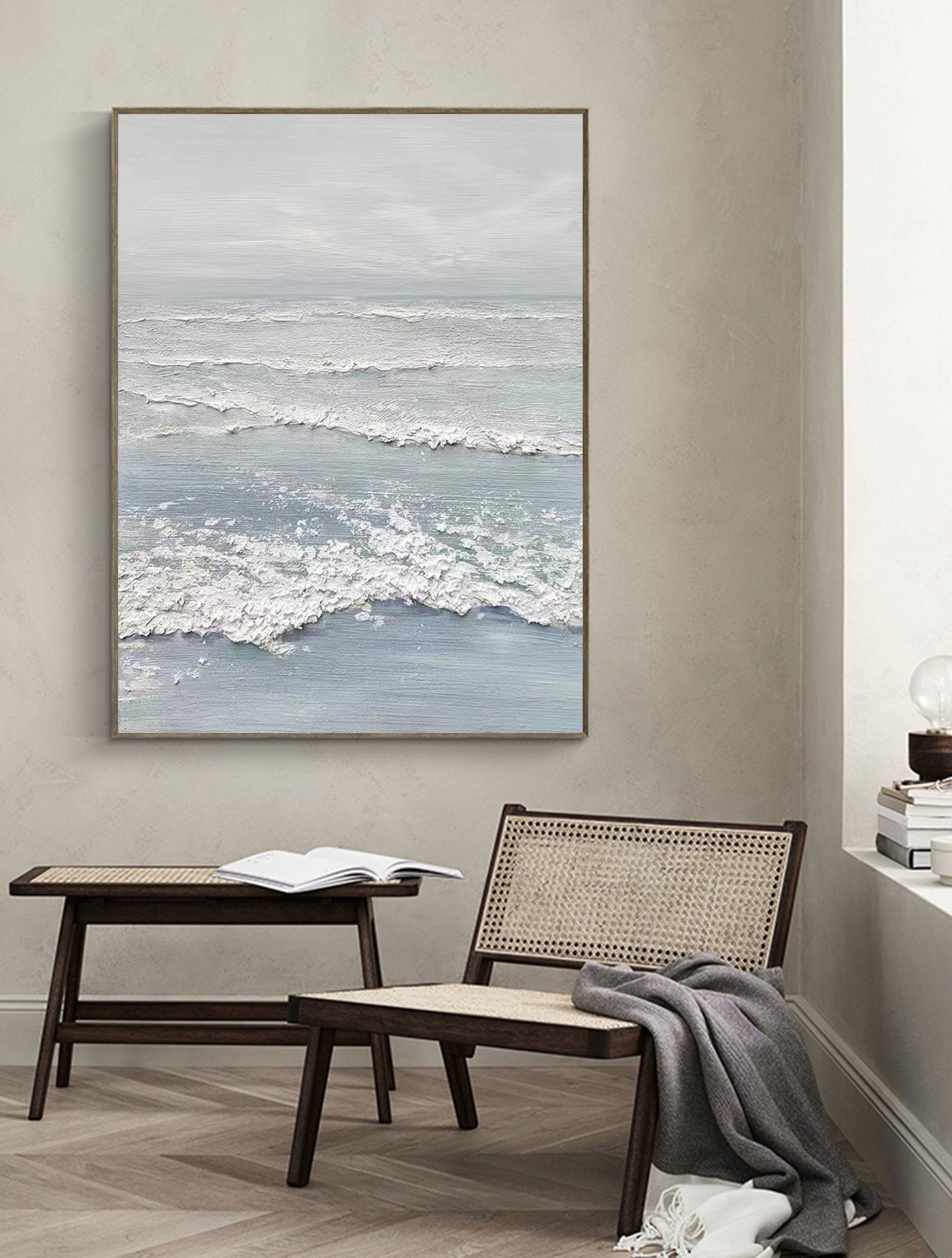 'Silver Tide' minimalist wave art displayed in a coastal-style interior.