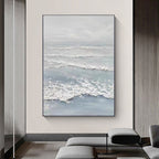Framed 'Silver Tide' canvas art in a modern living room setting.
