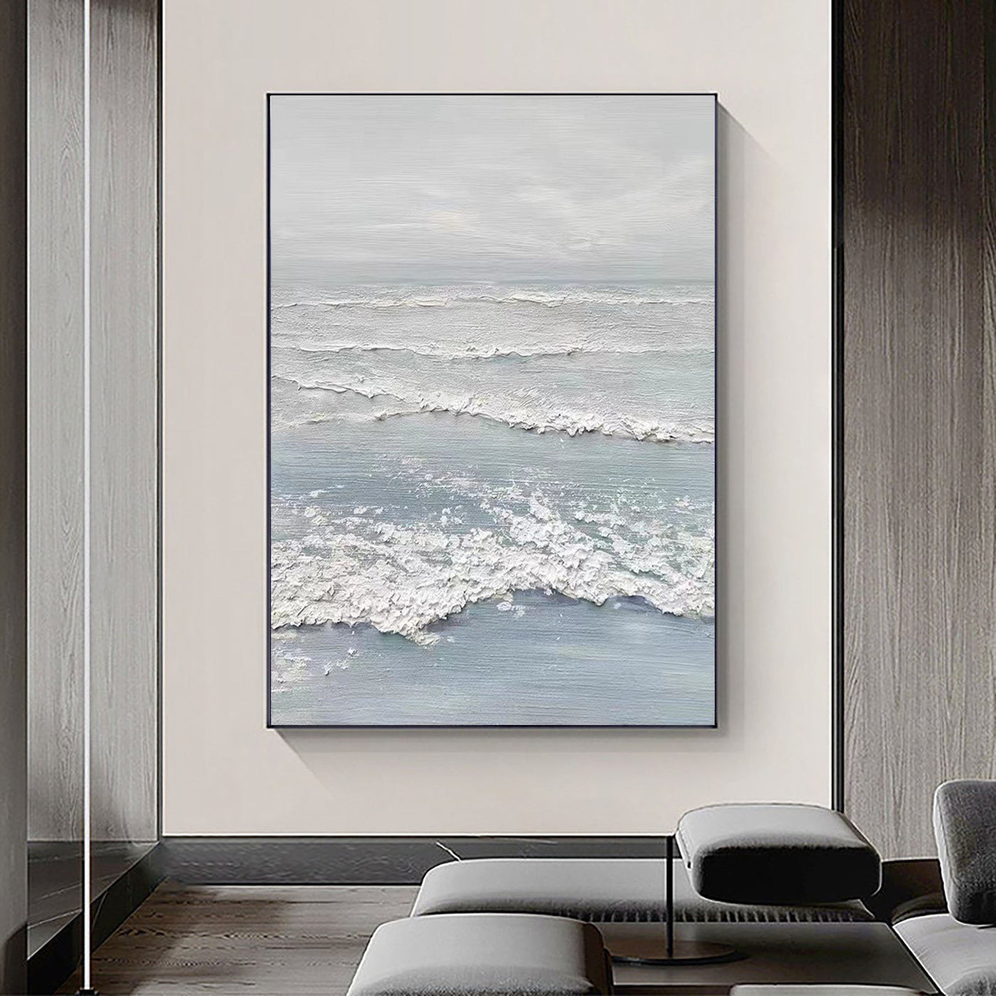 Framed 'Silver Tide' canvas art in a modern living room setting.