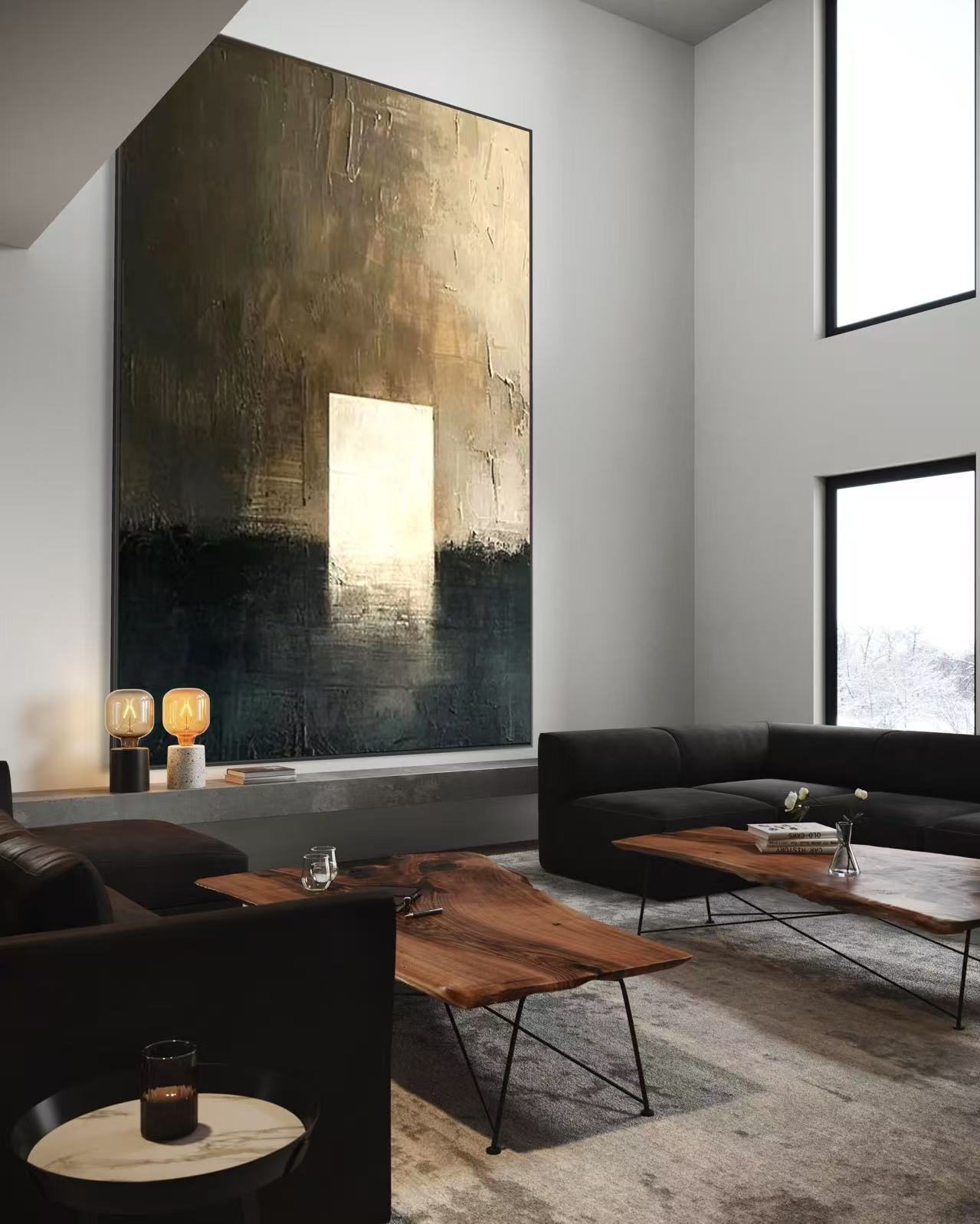 Modern living room featuring large minimalist brown canvas artwork.