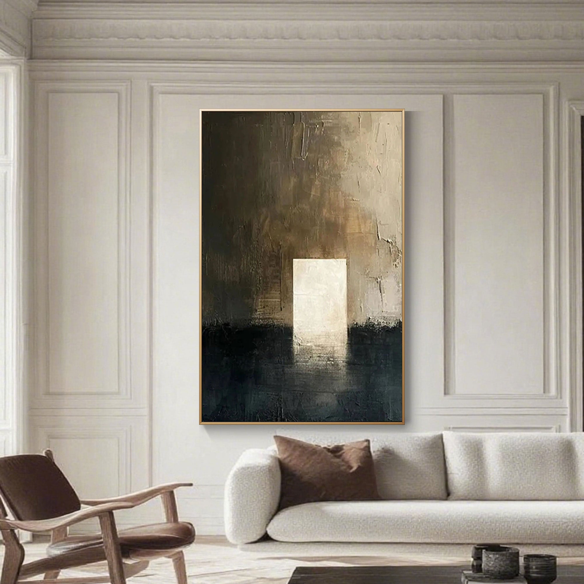 Modern living space with minimalist brown wall art on canvas.