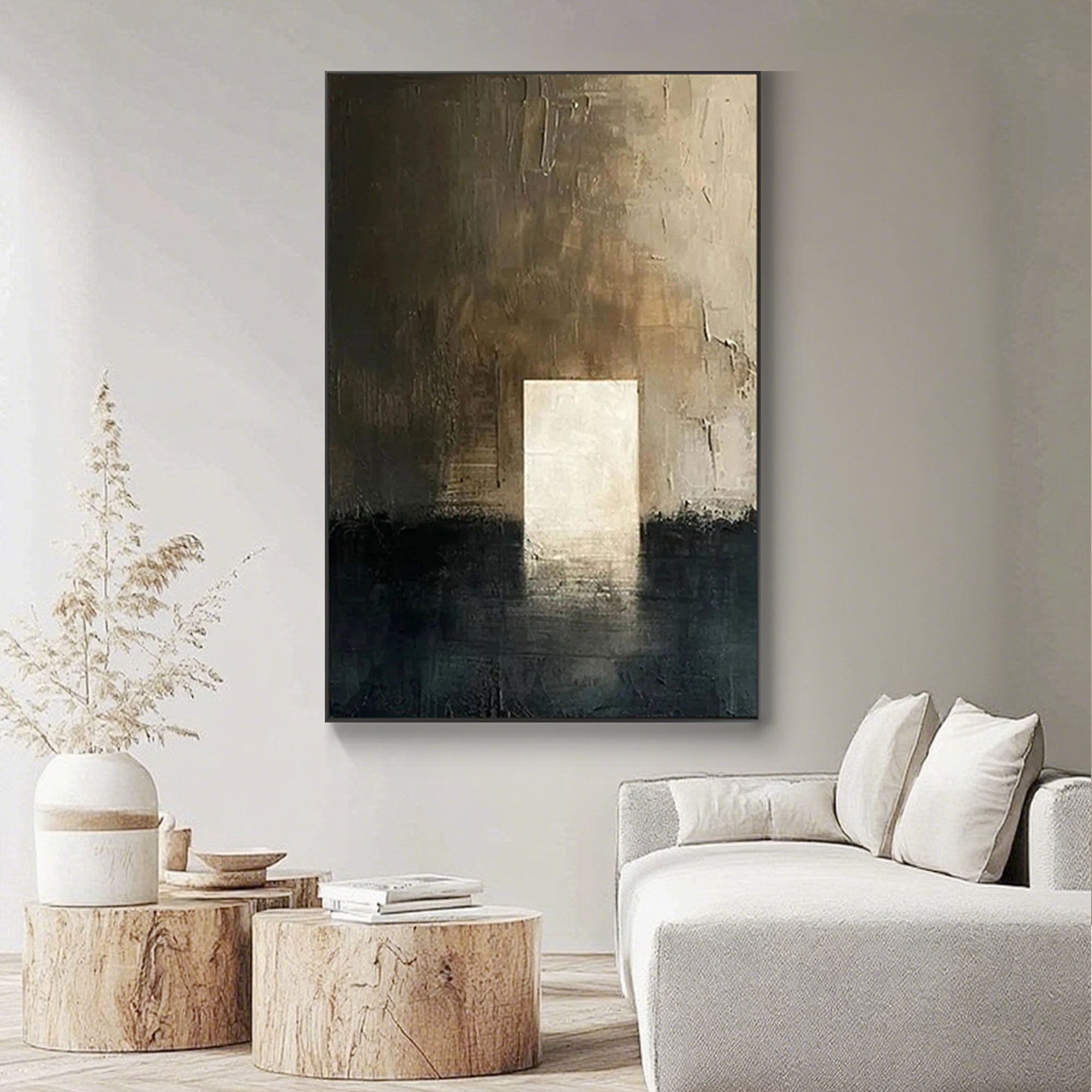 Worldwide shipping of minimalist canvas art in various formats.