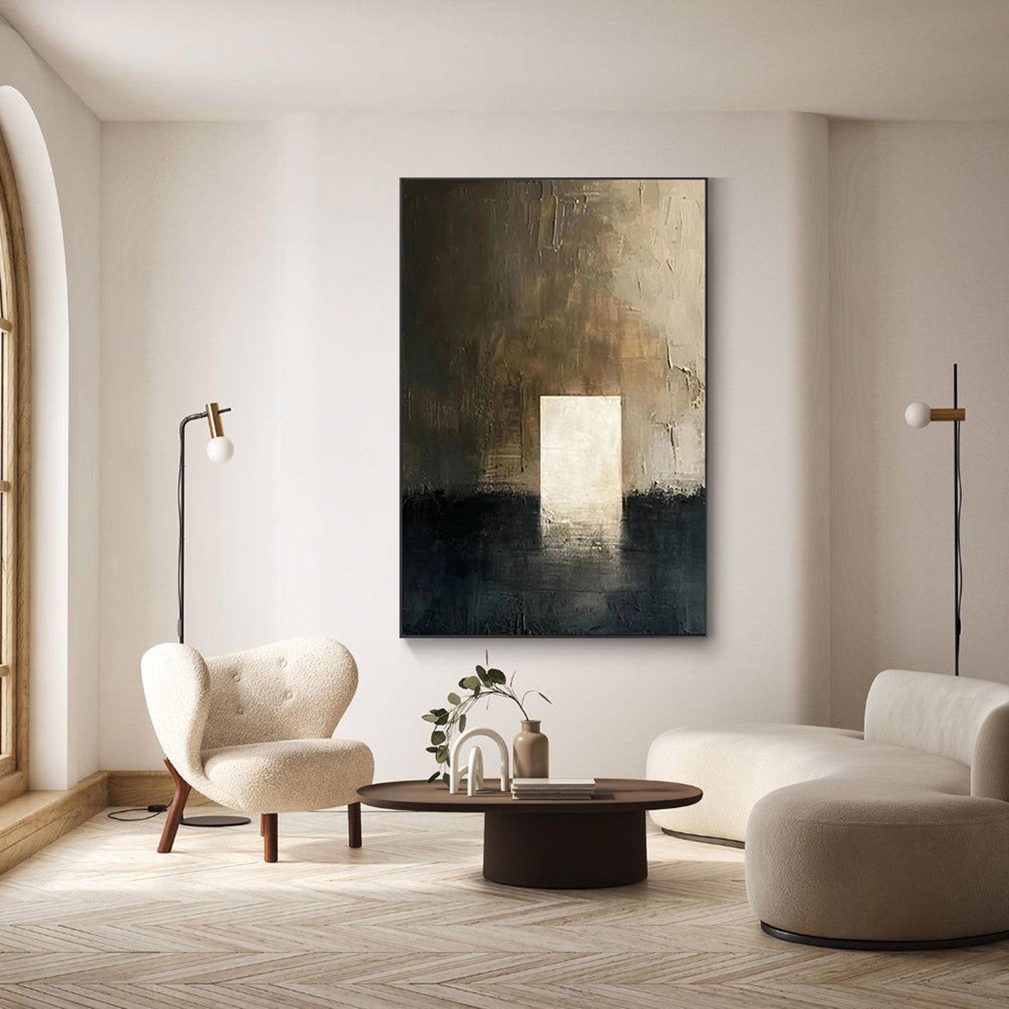 Framed minimalist abstract art in an earthy brown and black.