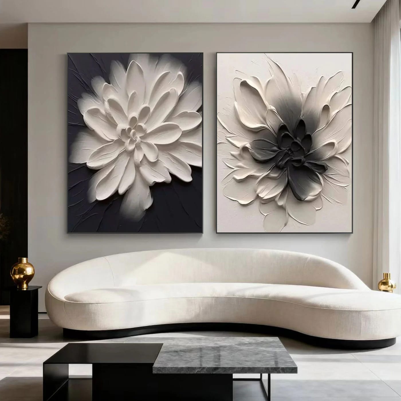 Large vertical minimalist abstract 3D textured floral canvas painting set of 2 with white, black, and gray tones, sculptural 