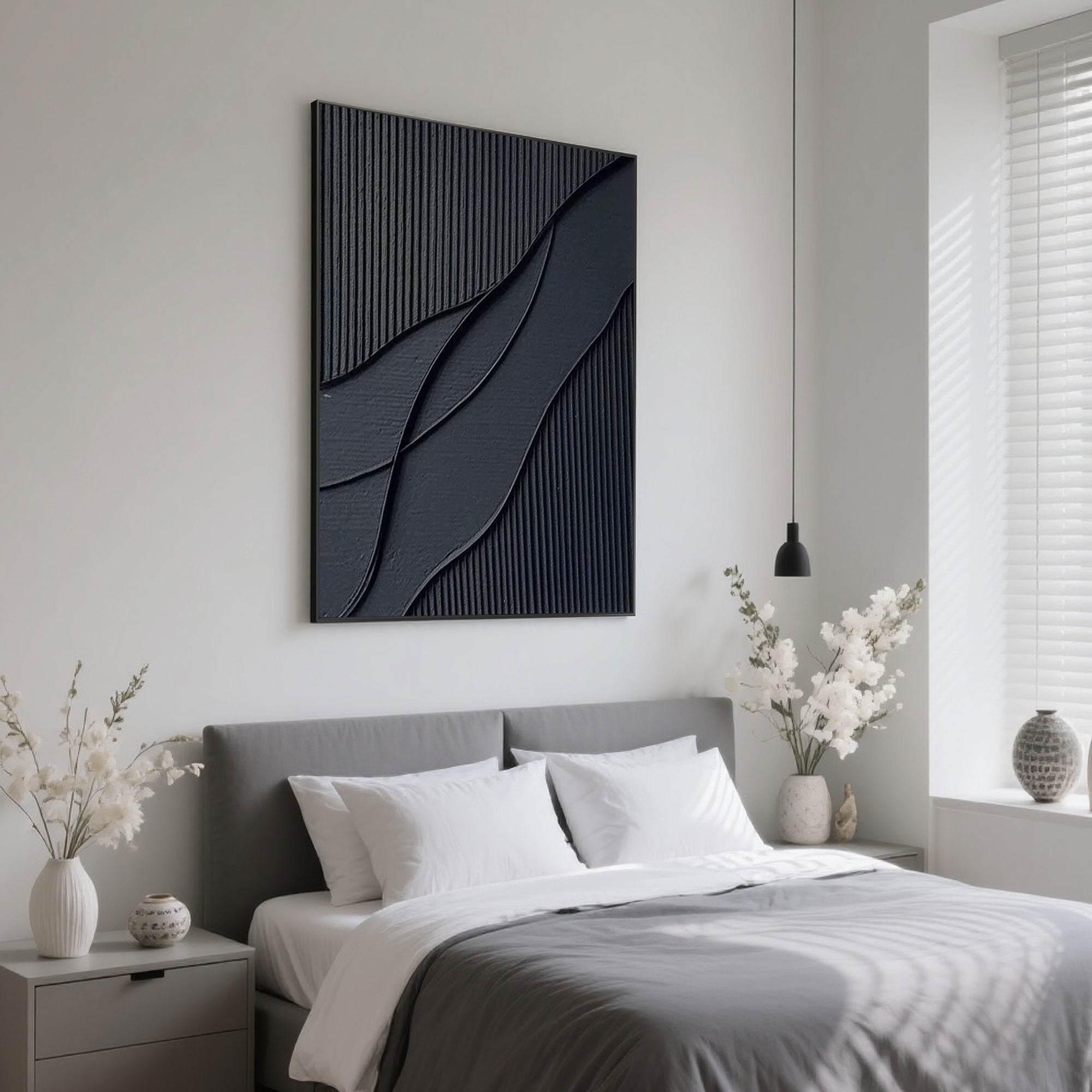 Noirflow geometric 3D canvas art as bedroom decor above a gray bed.