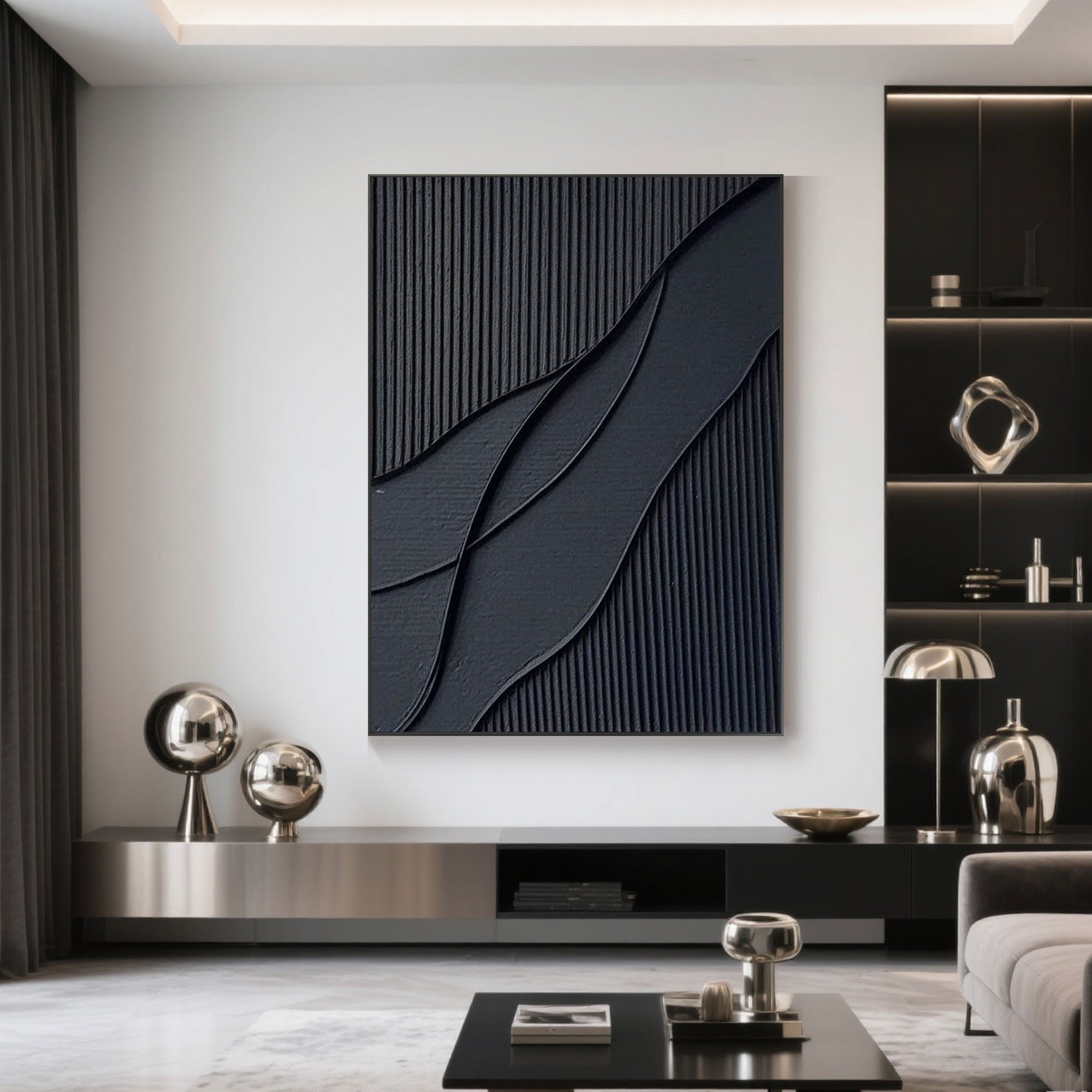 Noirflow 3D textured black wall art displayed in a modern living room setting.