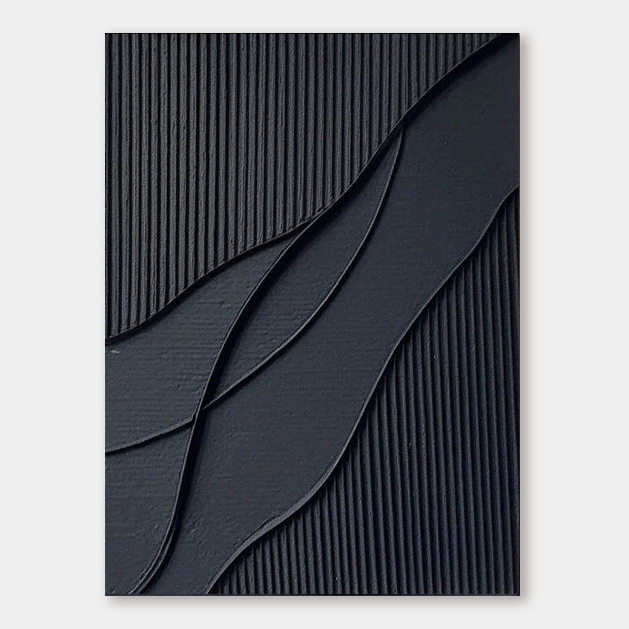 Close-up of the Noirflow minimalist geometric 3D textured black wall art.