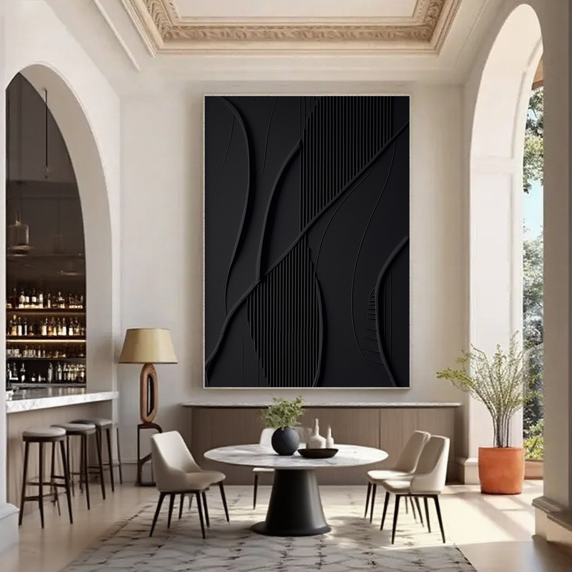Black geometric 3D textured wall art with shadow lines in modern living room by Lumi Gallery