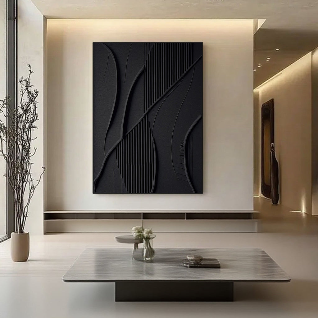 Black minimalist geometric 3D textured wall art with shadow lines by Lumi Gallery in modern living room
