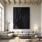 Lumi Gallery's minimalist geometric 3D textured black wall art with shadow lines in modern living room