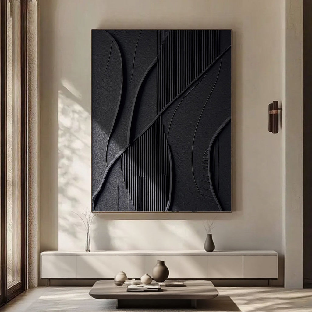 Lumi Gallery's authentic hand-painted minimalist black 3D textured wall art with shadow lines in modern living room