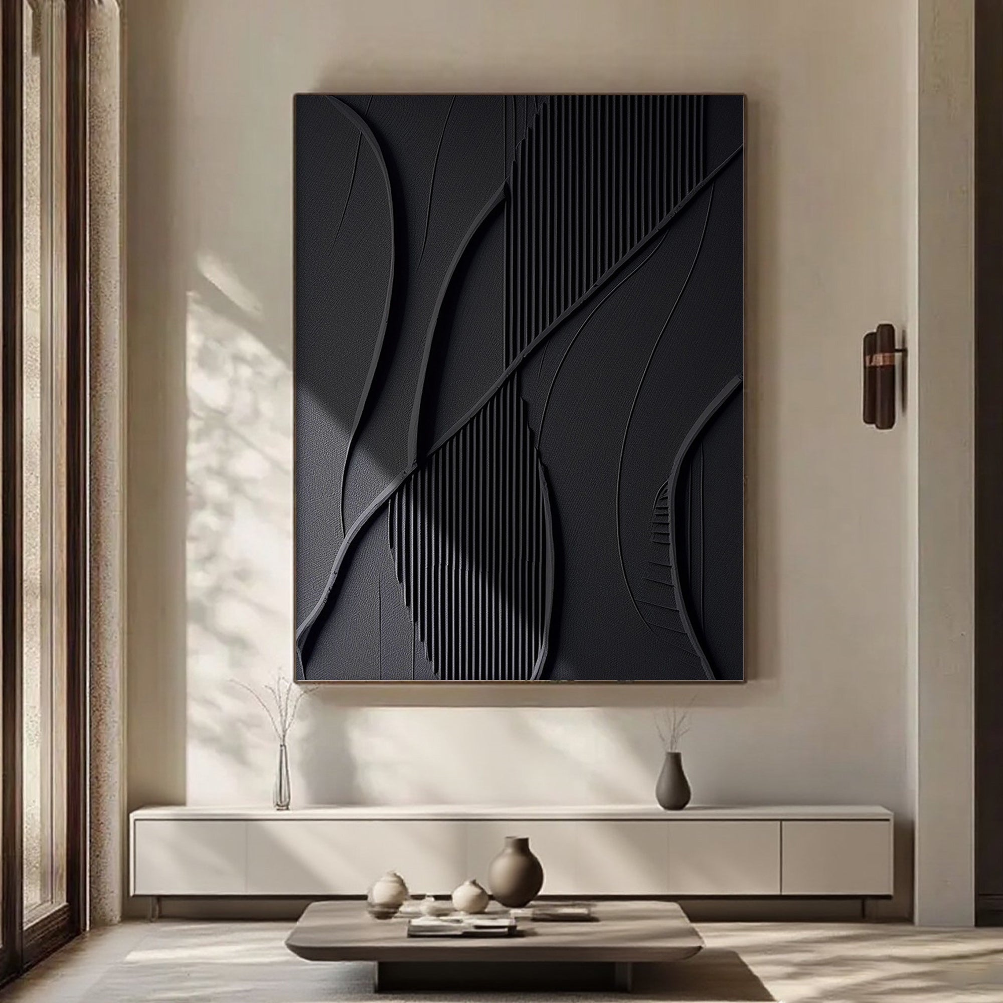 Lumi Gallery's authentic hand-painted minimalist black 3D textured wall art with shadow lines in modern living room