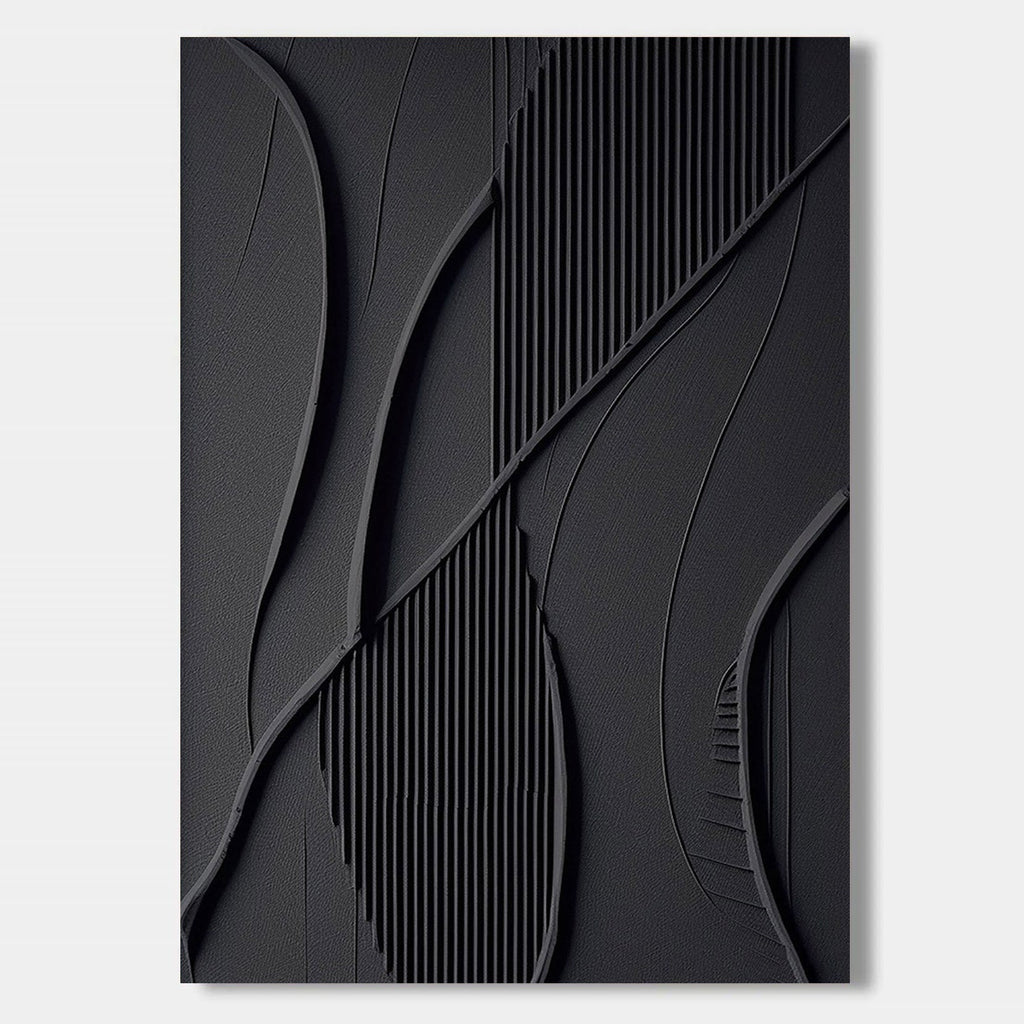 Black minimalist geometric 3D textured wall art with shadow lines at Lumi Gallery