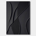Black minimalist geometric 3D textured wall art with shadow lines at Lumi Gallery