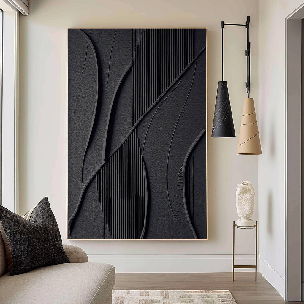 Lumi Gallery's minimalist geometric 3D textured black wall art with shadow lines in modern living room