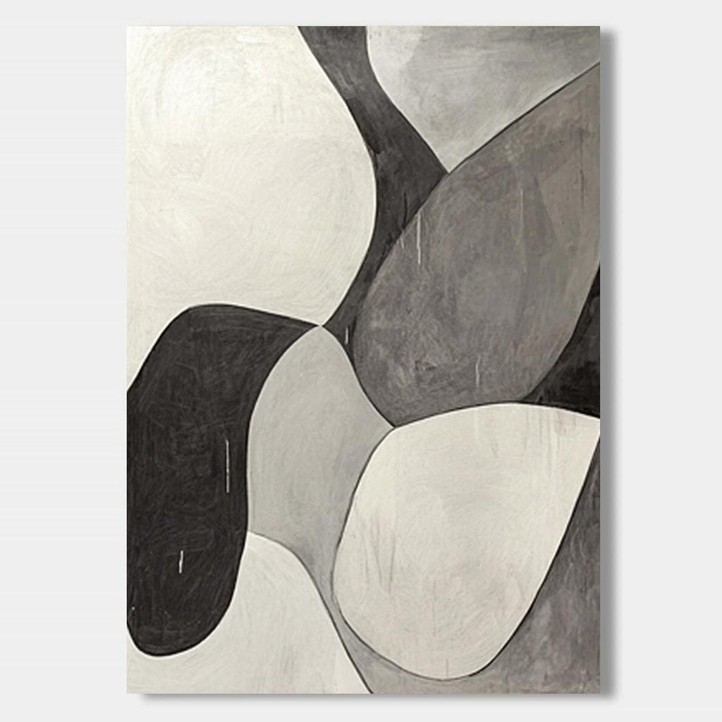 Minimalist abstract canvas art: black, white, and grey organic shapes.