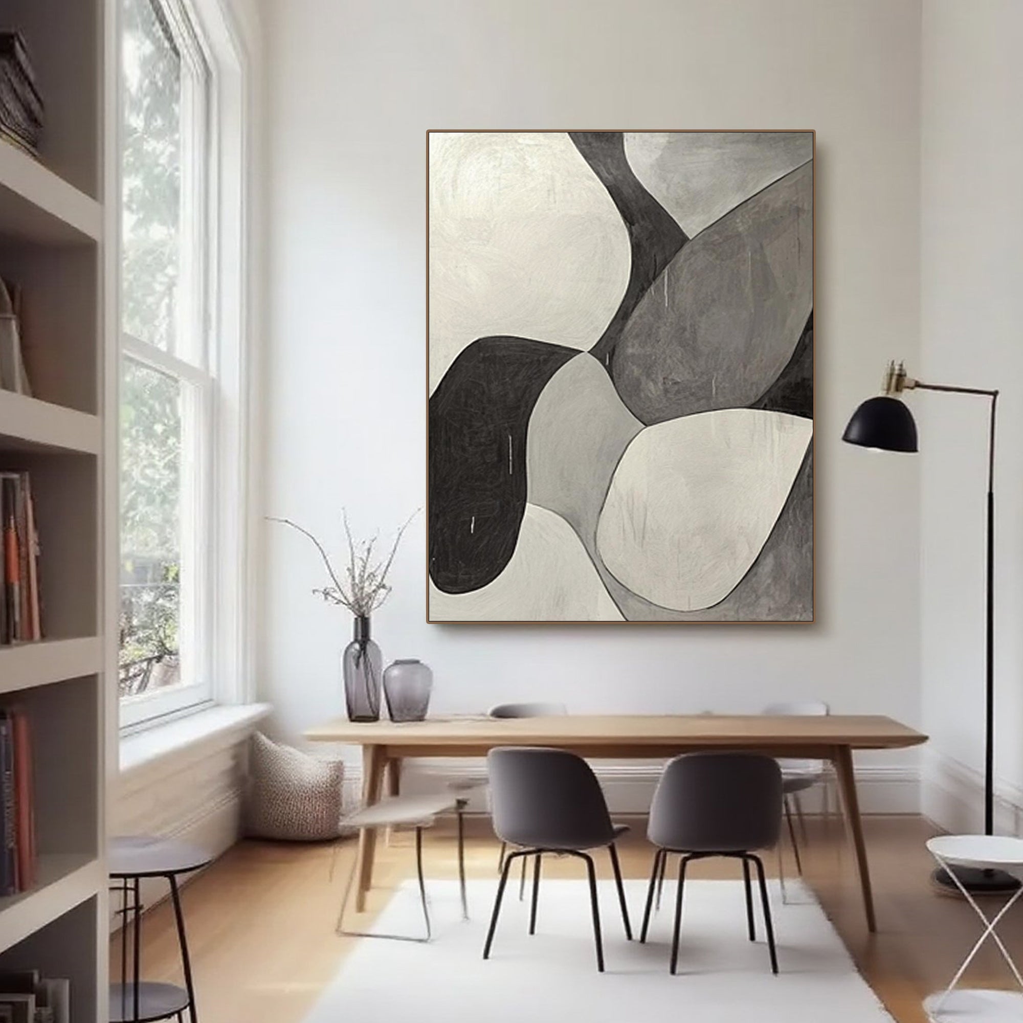 Hand-painted minimalist geometric abstract canvas art detail.