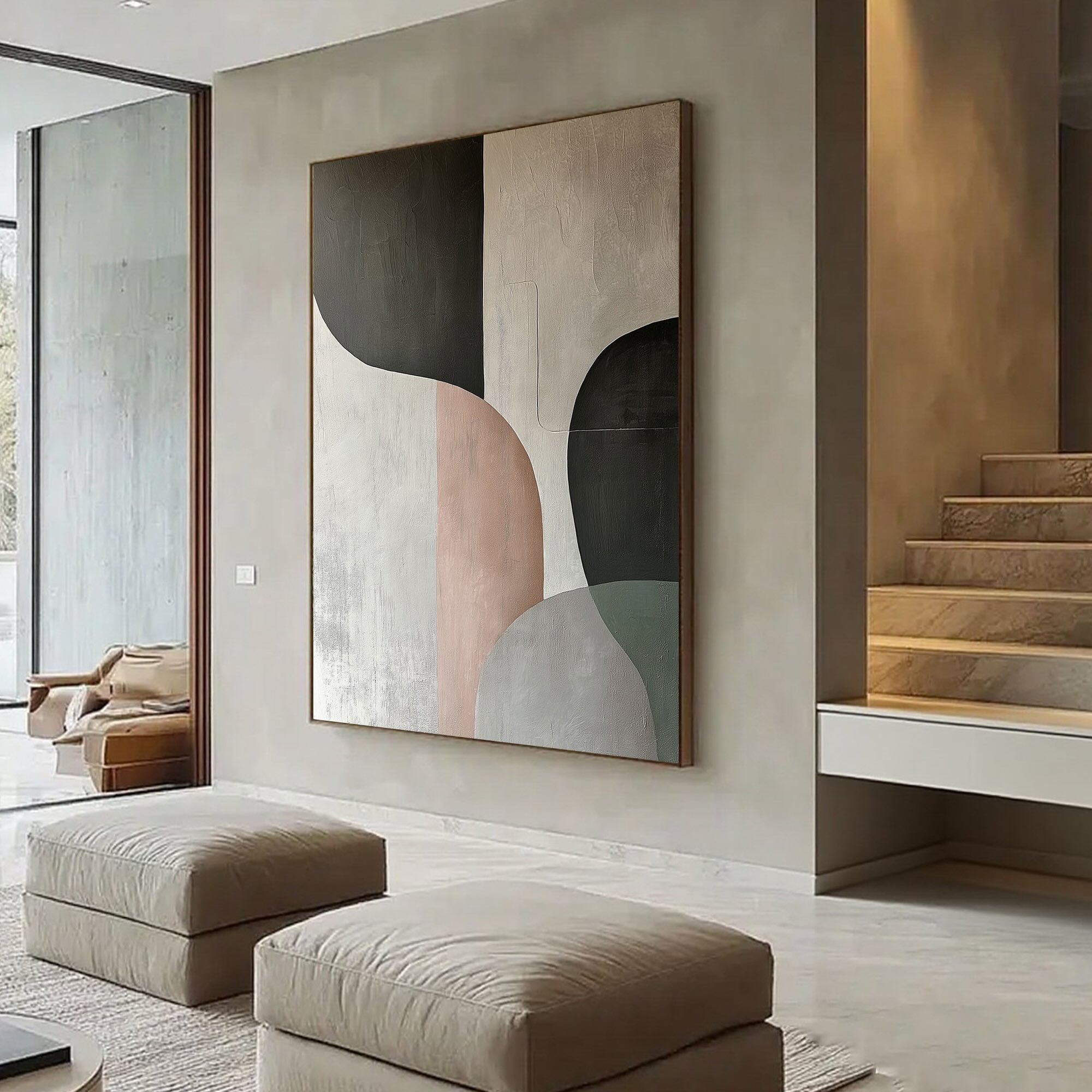 Muted Harmony abstract painting in a modern living room setting.
