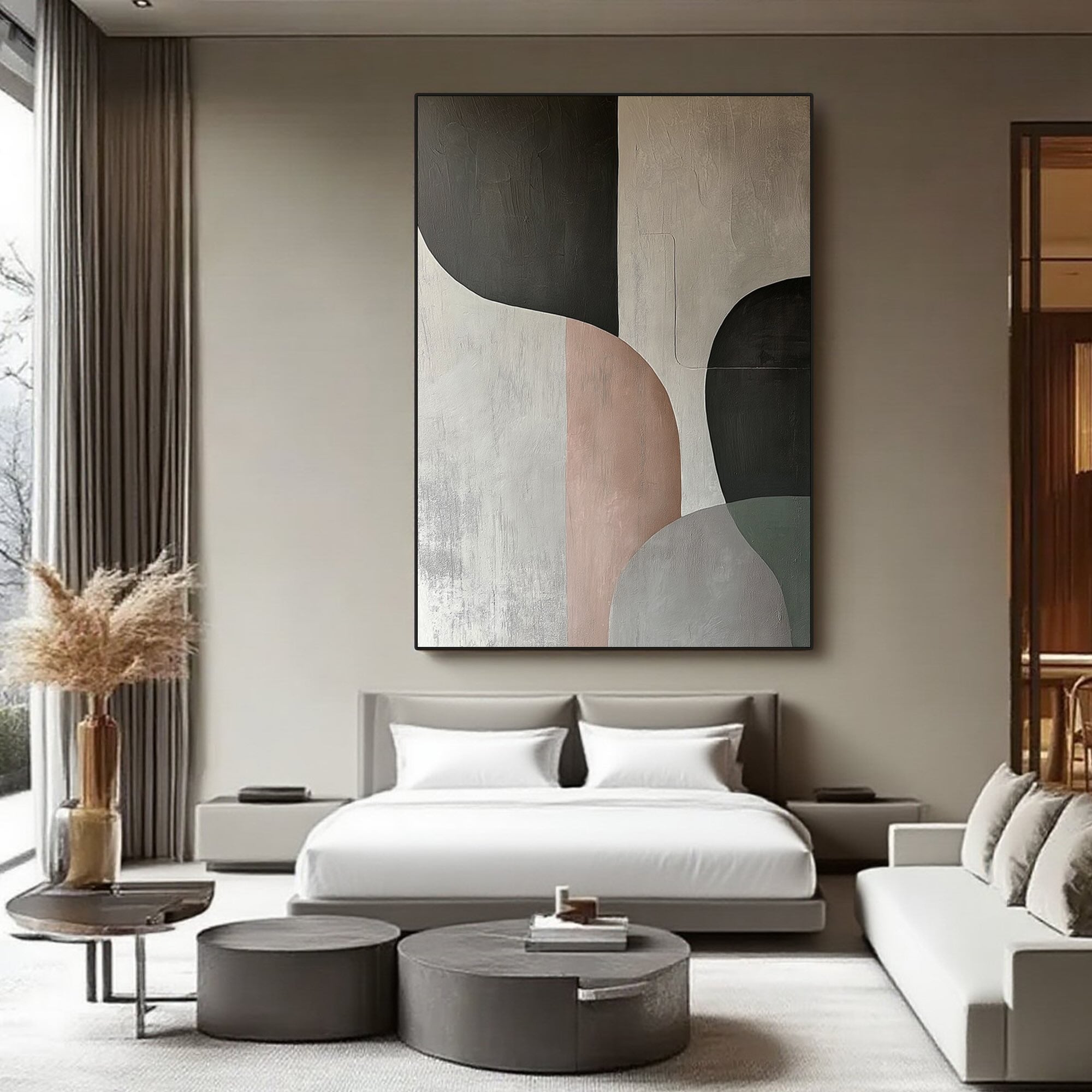 Minimalist painting in a bedroom with neutral color palette and modern furniture.
