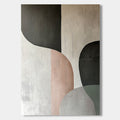 Minimalist geometric abstract painting in muted tones of black, beige, pink, and green.