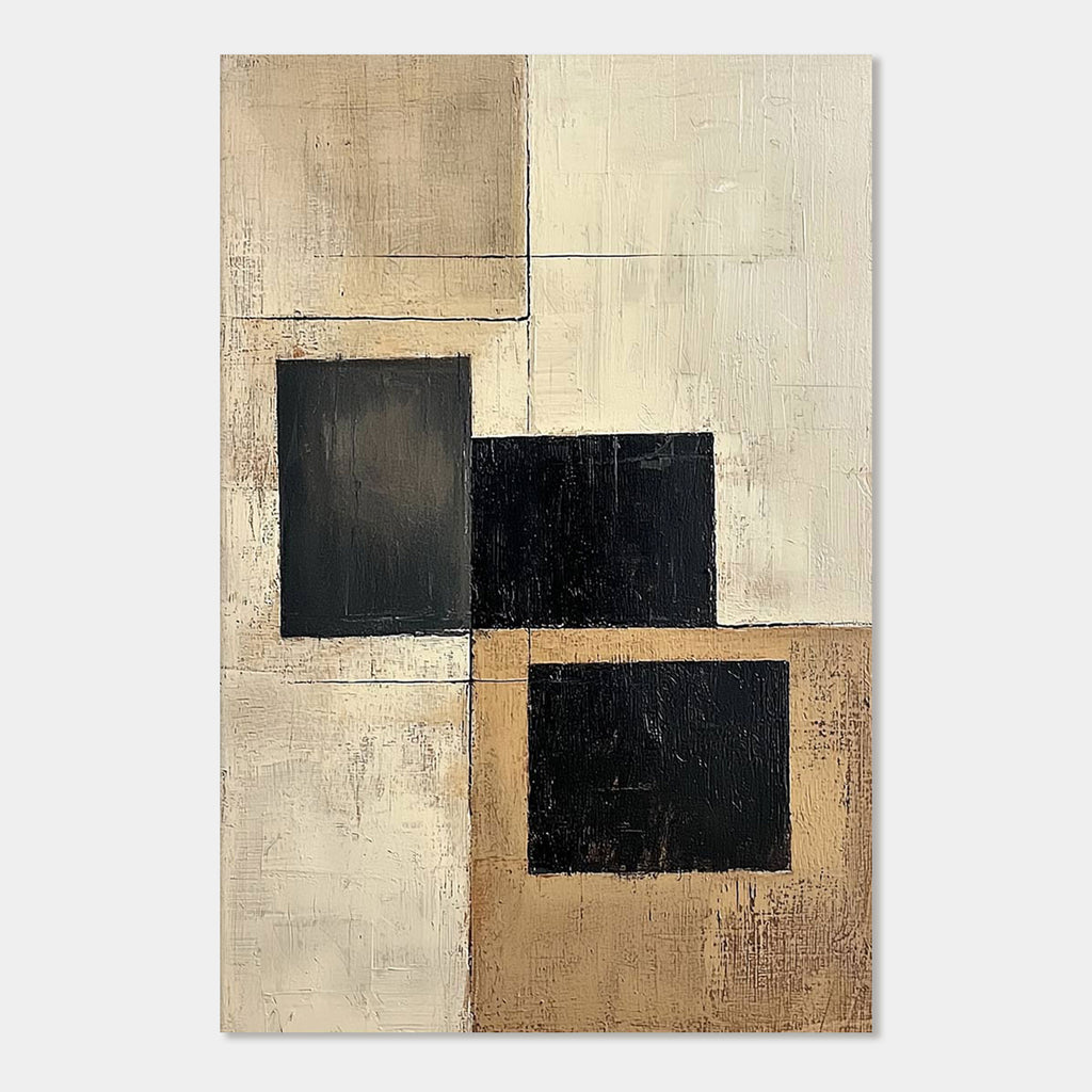 Minimalist geometric wall art with black and beige blocks on canvas.
