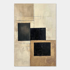 Minimalist geometric wall art with black and beige blocks on canvas.