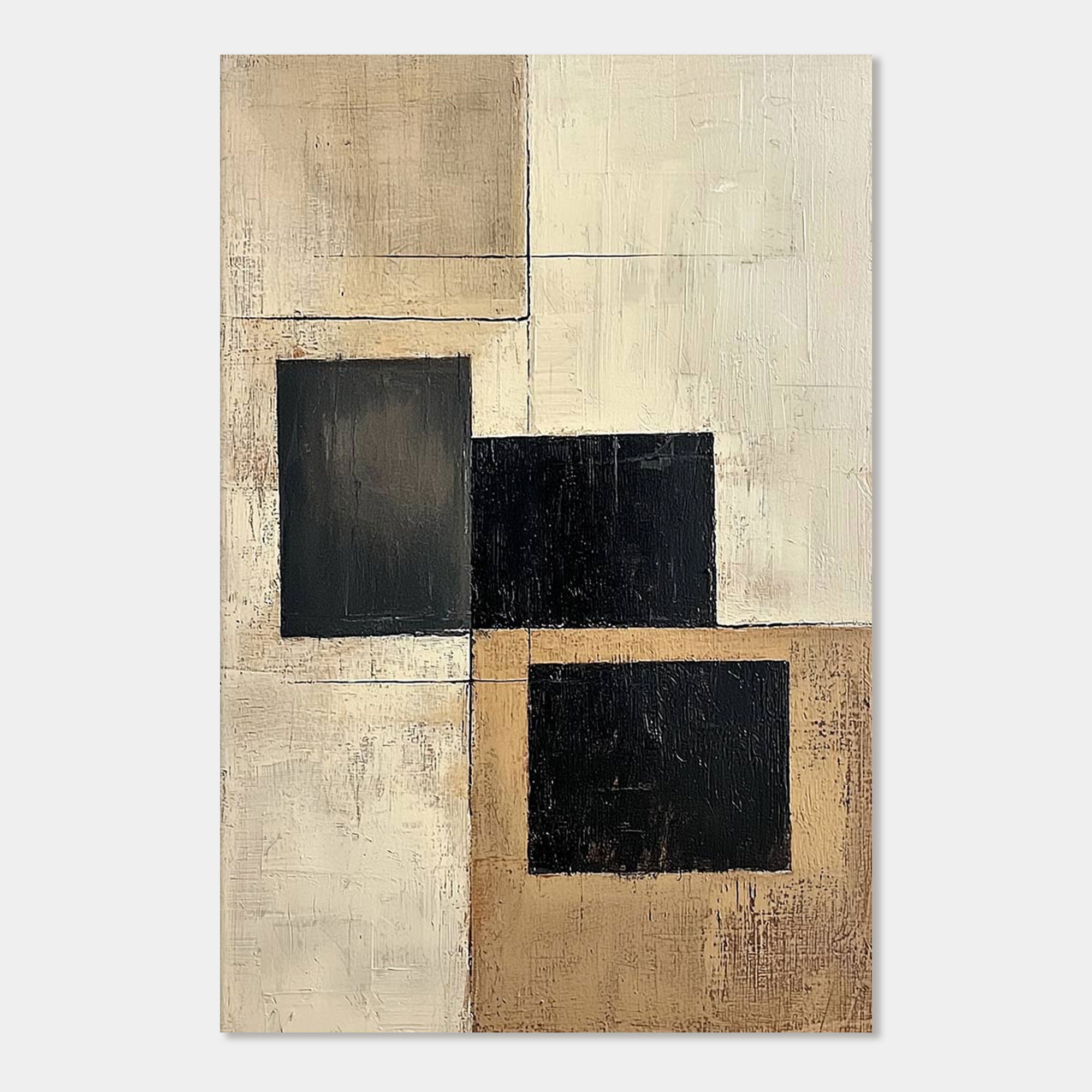 Minimalist geometric wall art with black and beige blocks on canvas.