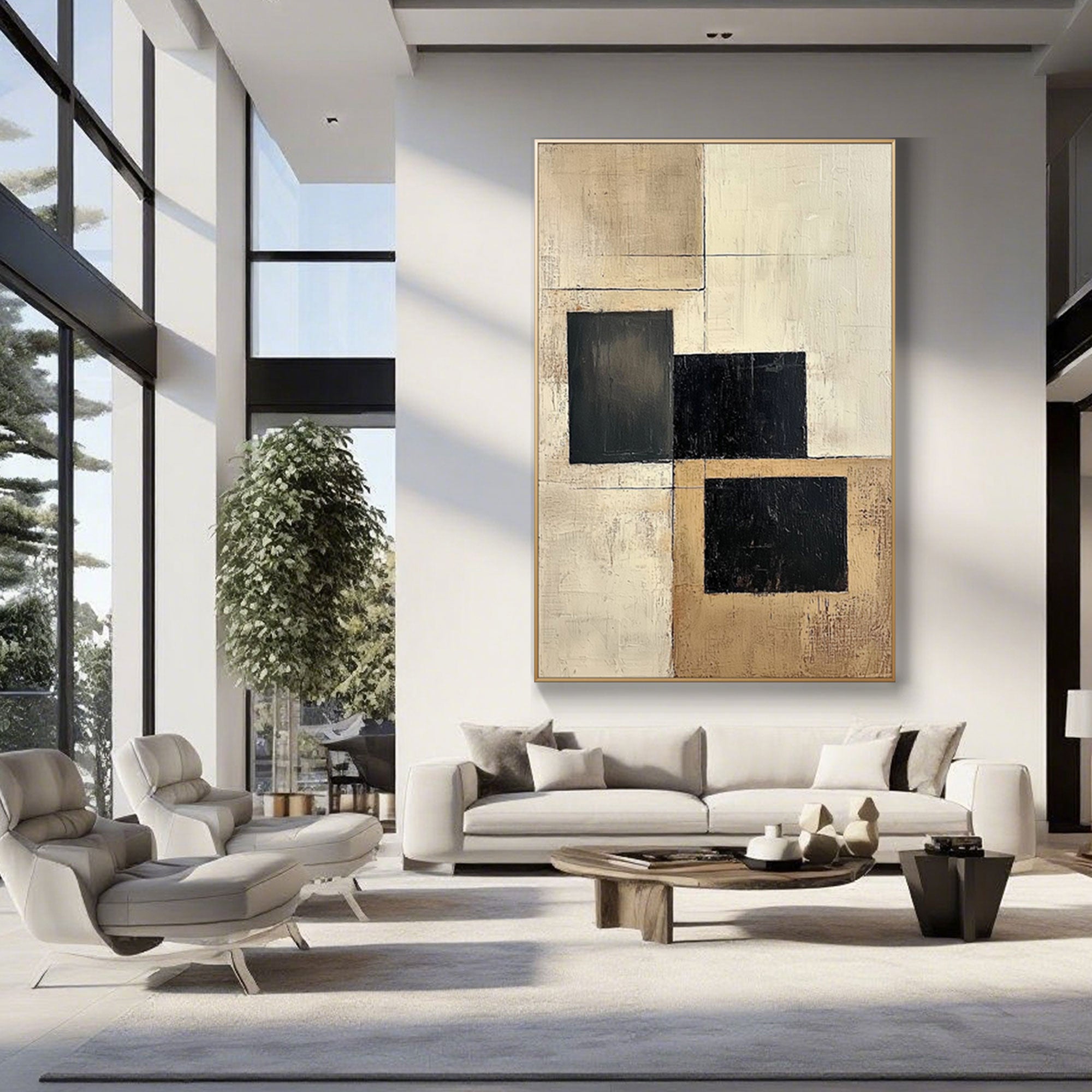 Beige & black geometric canvas art in a modern, bright living space.