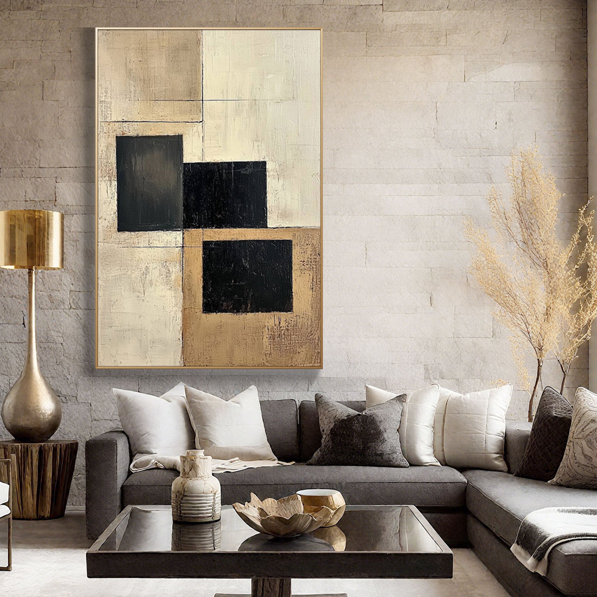 Minimalist Loam art: Black and beige geometric canvas in a styled interior.