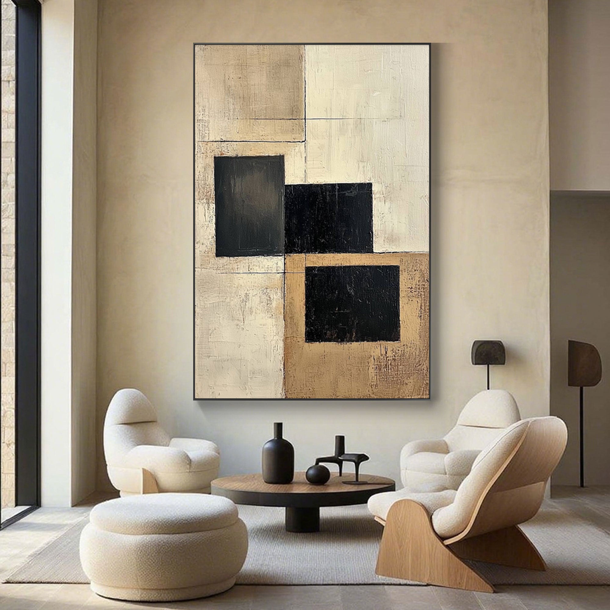 Loam: Abstract geometric canvas art in a contemporary living room.