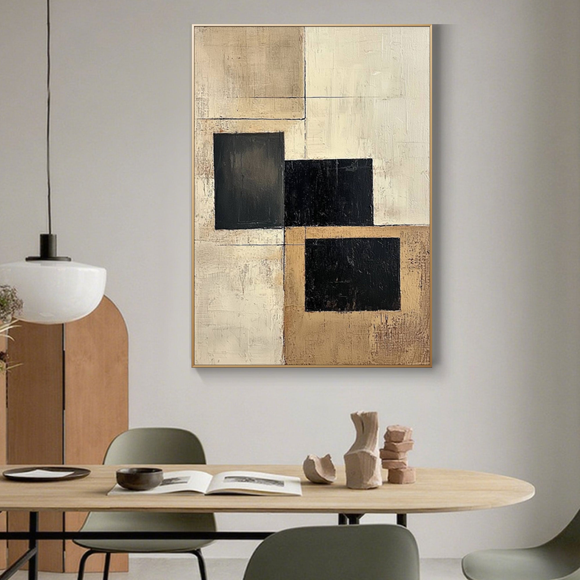 Abstract geometric artwork in minimalist wabi-sabi style on canvas.