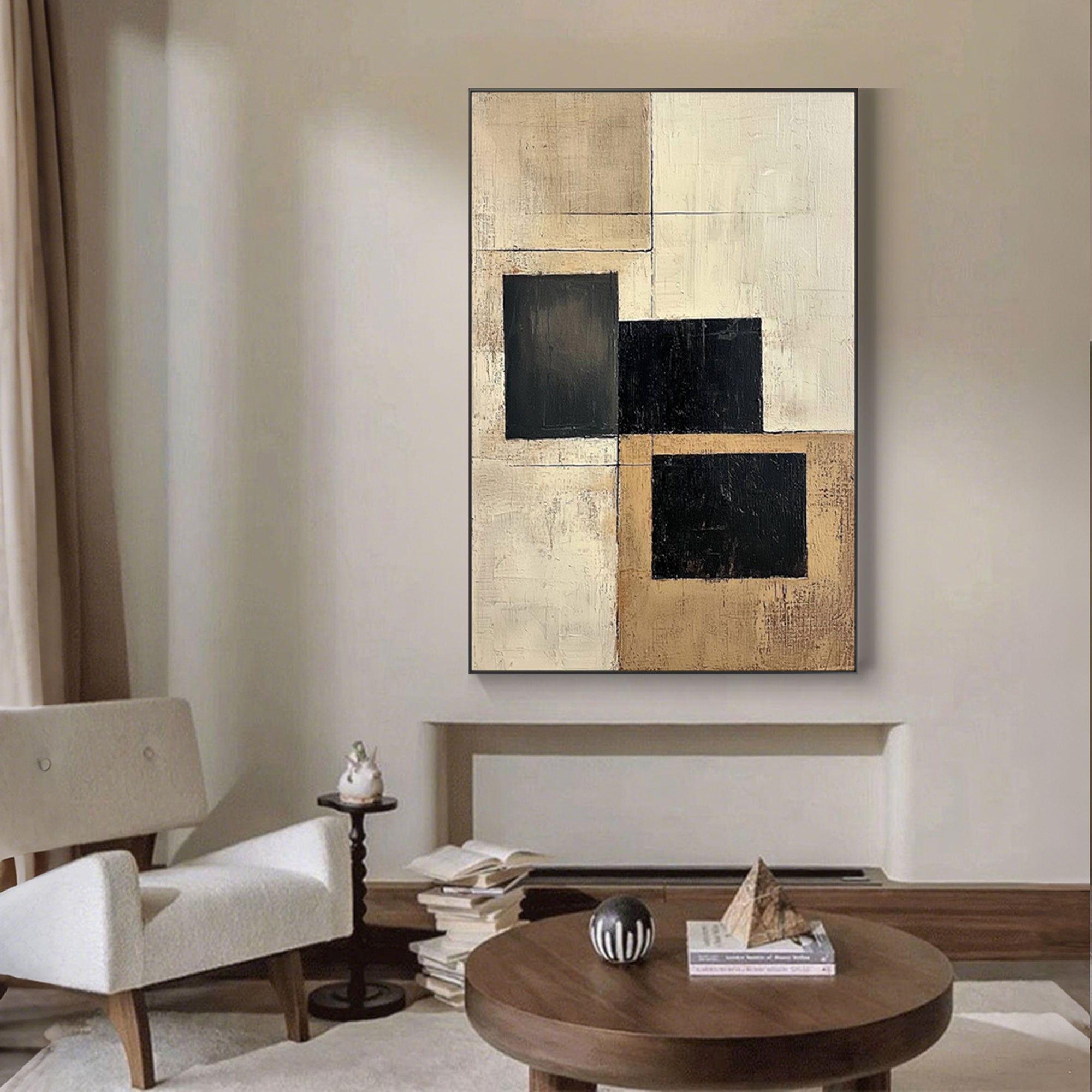 Vertical beige and black geometric canvas art on gallery wall.