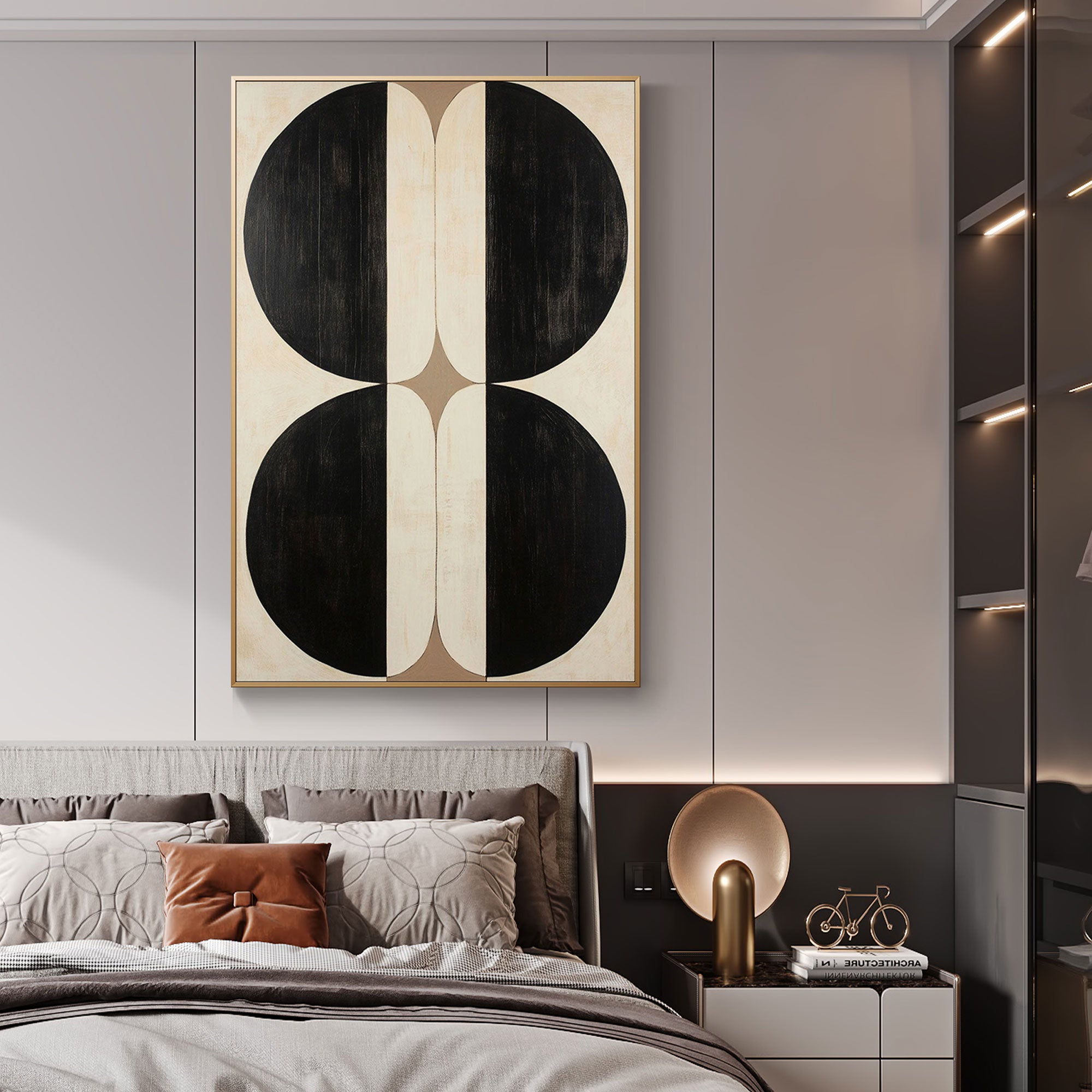 Black and beige geometric art above a bed in a modern bedroom.