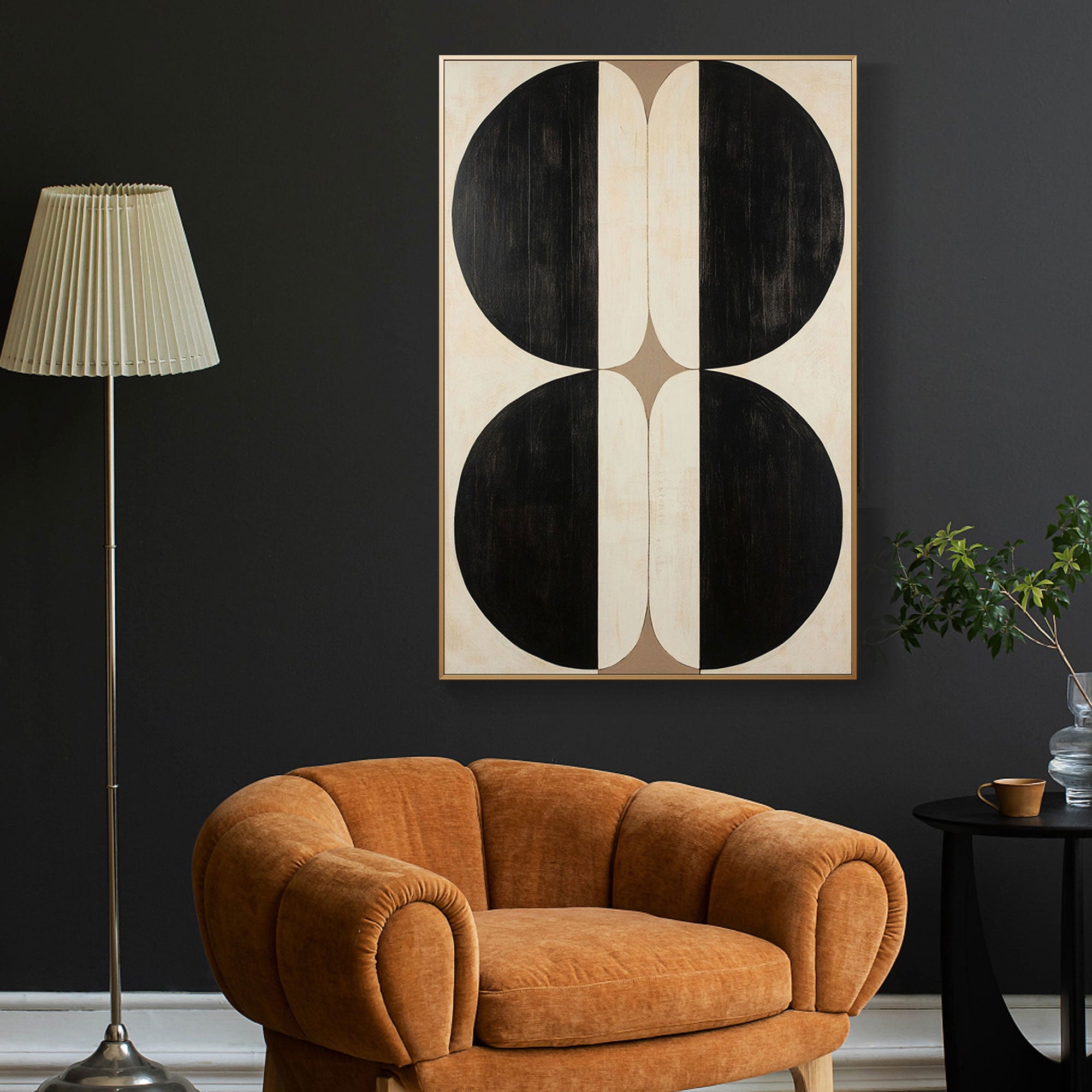Minimalist geometric canvas art: Black circles on beige background.