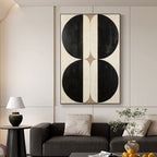 Vertical geometric canvas art in a modern living space.