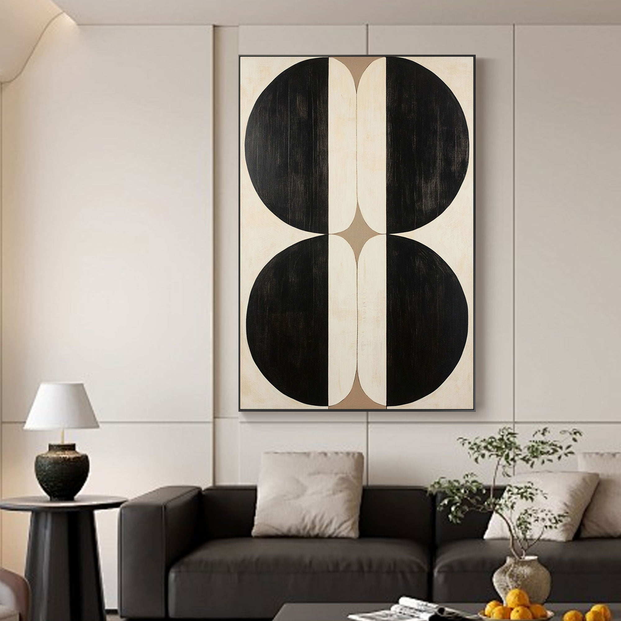 Vertical geometric canvas art in a modern living space.
