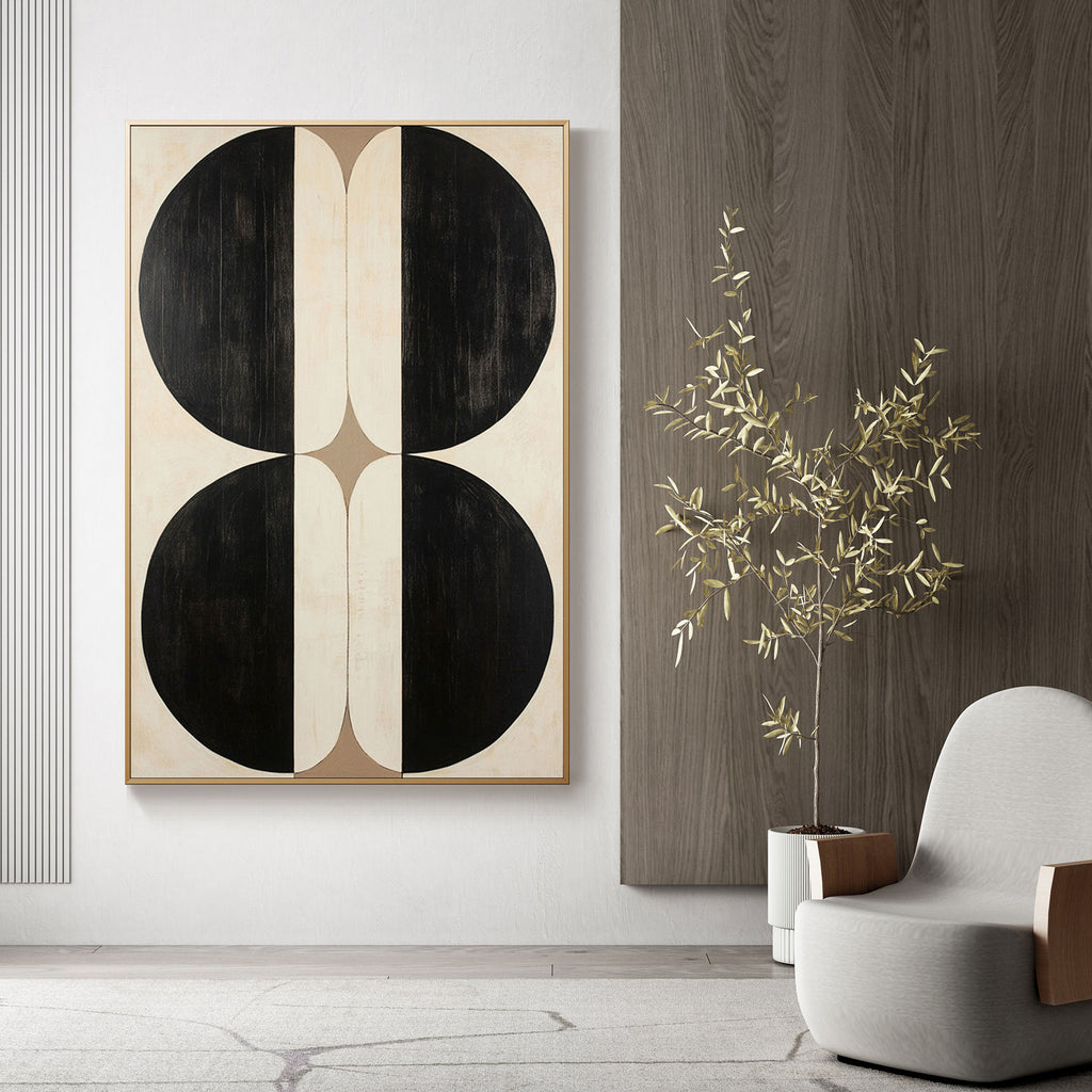 Minimalist geometric canvas art: Black circles on beige background.