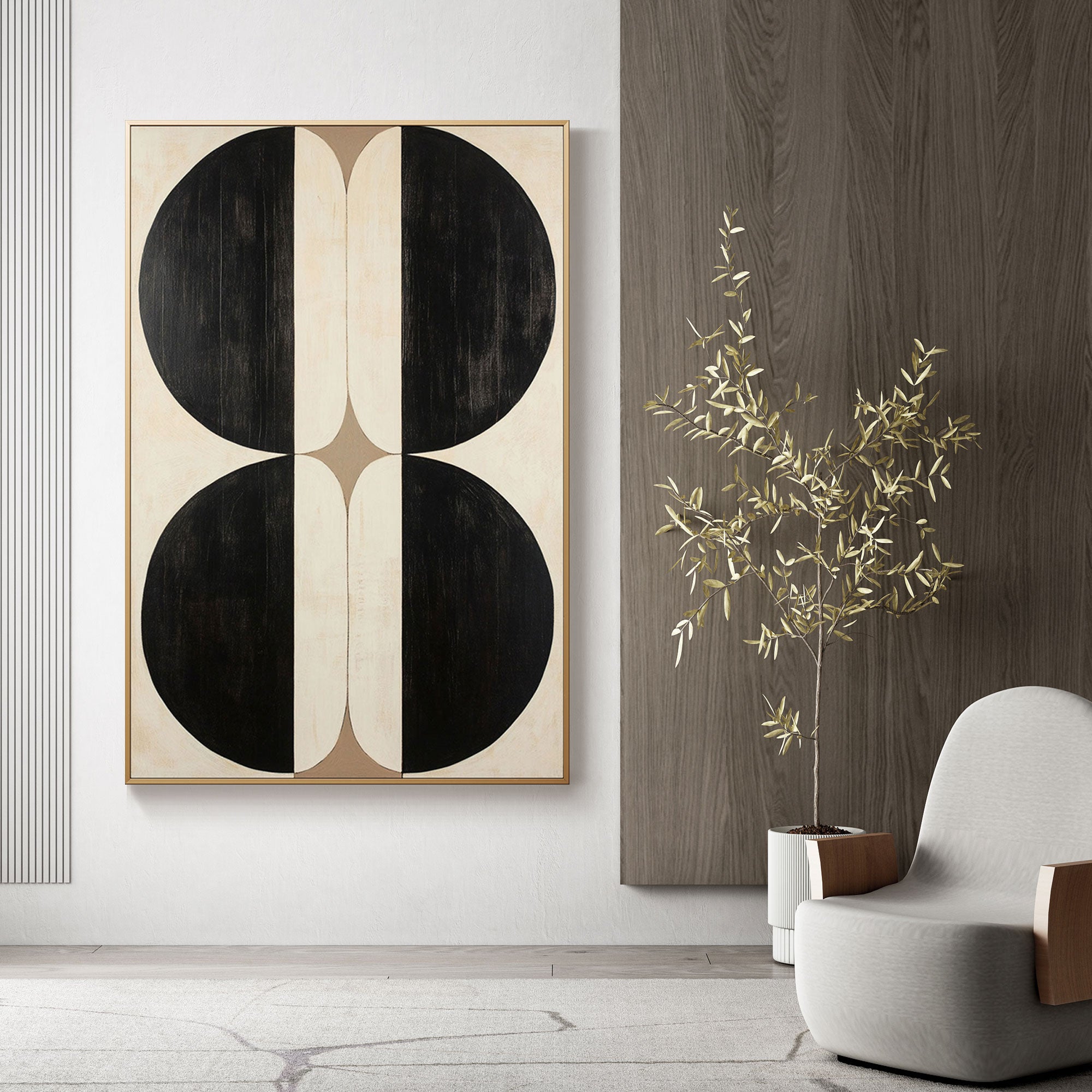Minimalist geometric canvas art: Black circles on beige background.