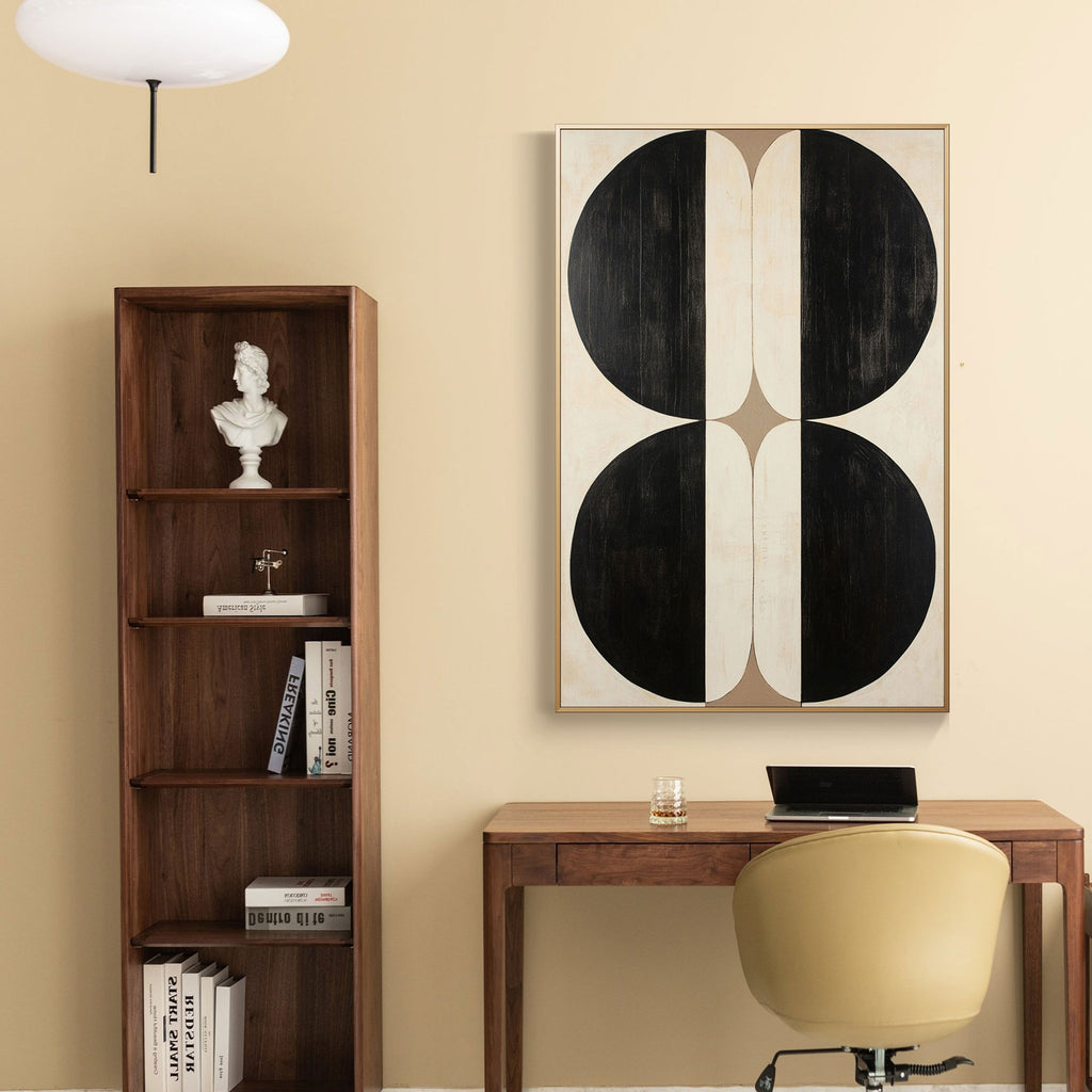 Minimalist geometric canvas art: Black circles on beige background.