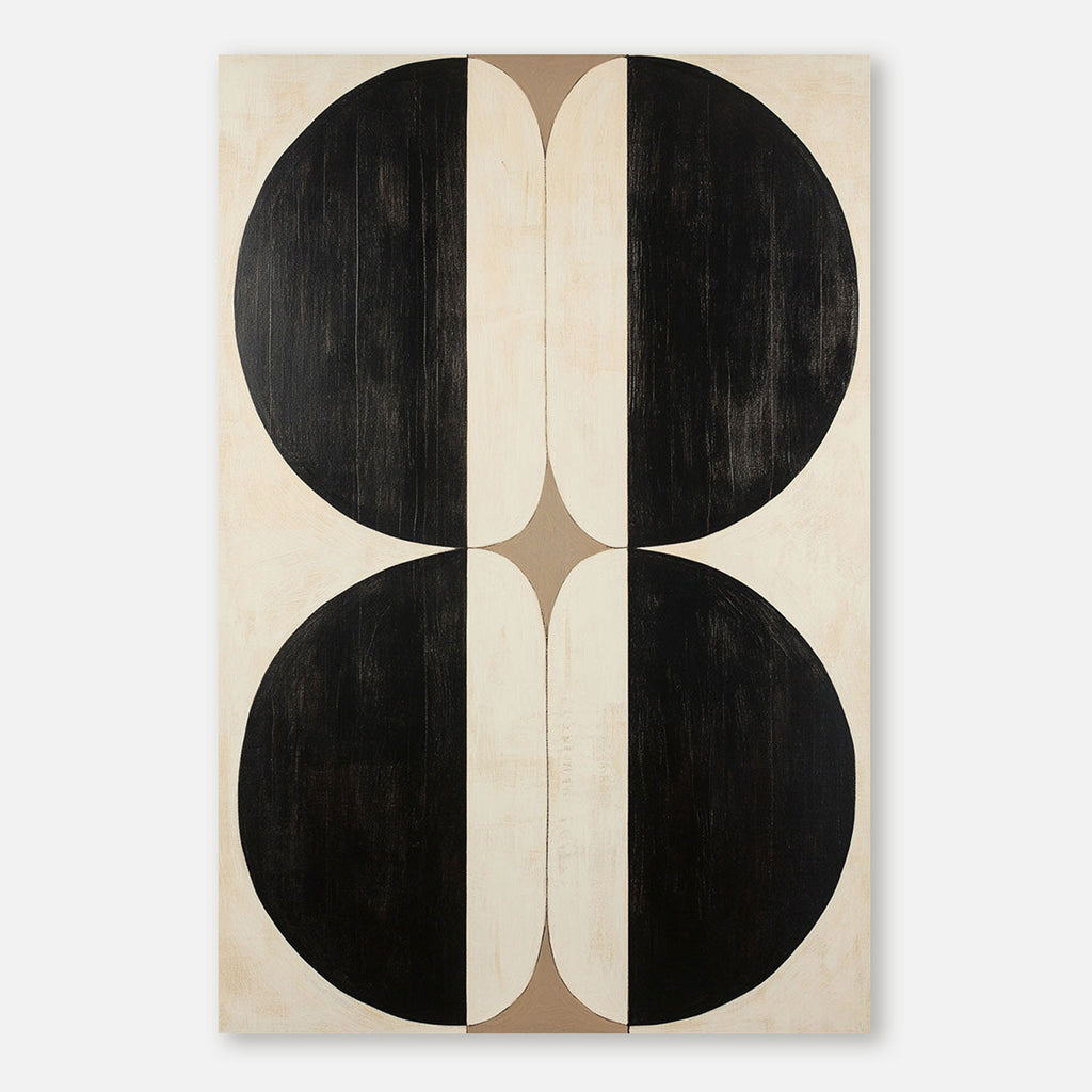 Minimalist geometric canvas art: Black circles on beige background.