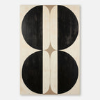 Minimalist geometric canvas art: Black circles on beige background.
