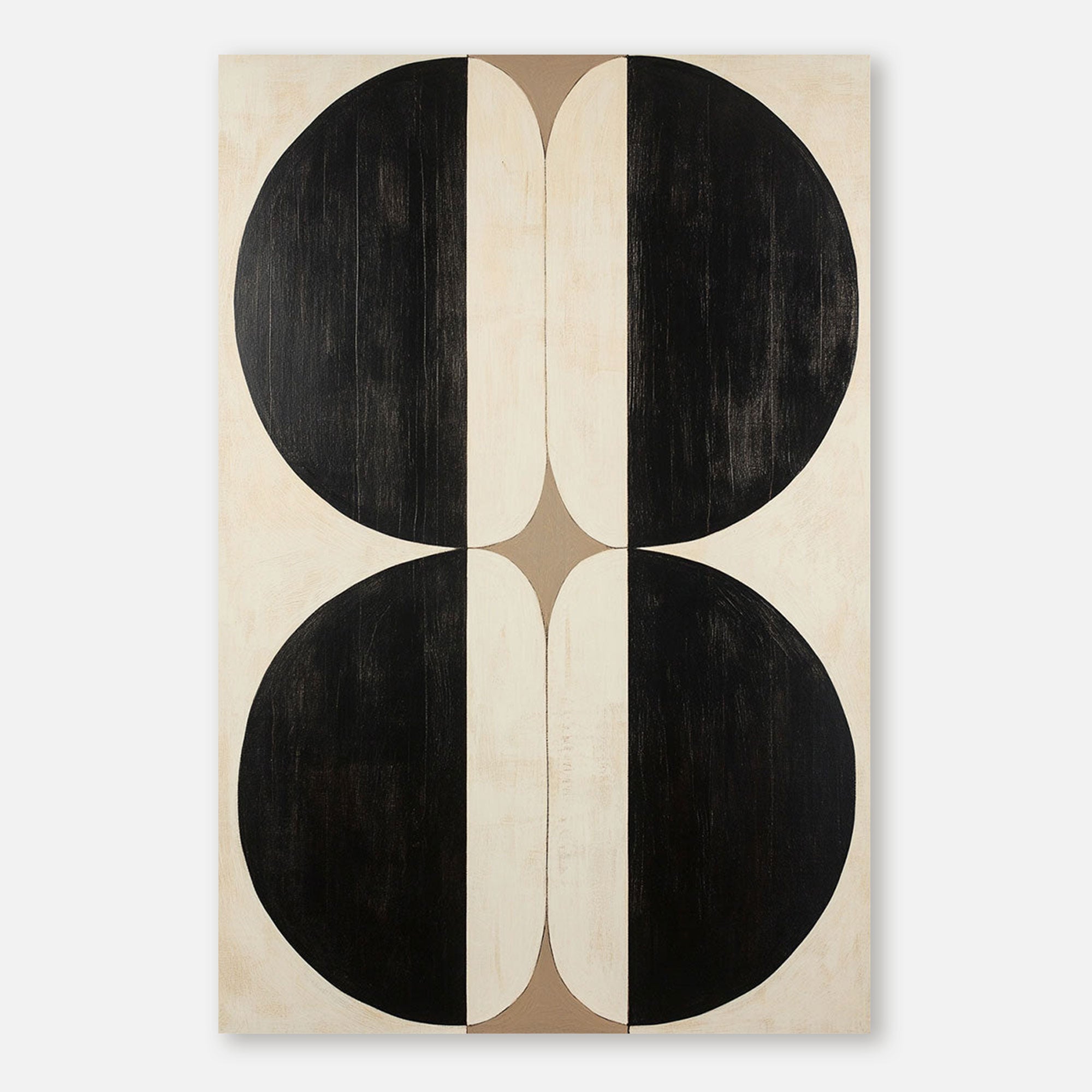 Minimalist geometric canvas art: Black circles on beige background.