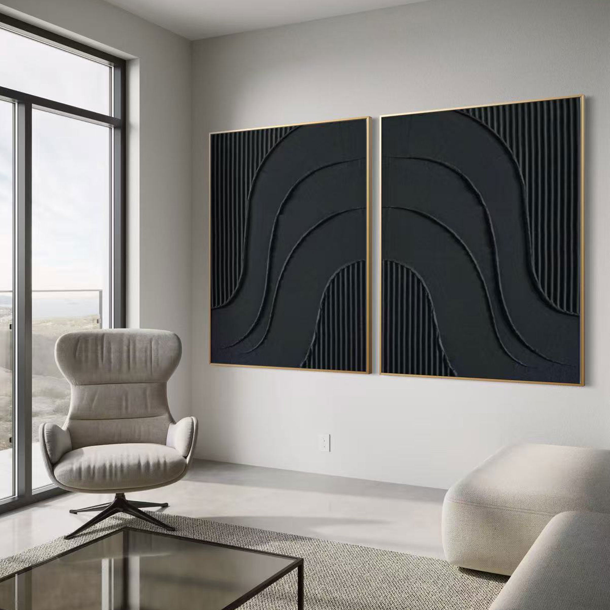 Black geometric canvas art in a modern living room setting.