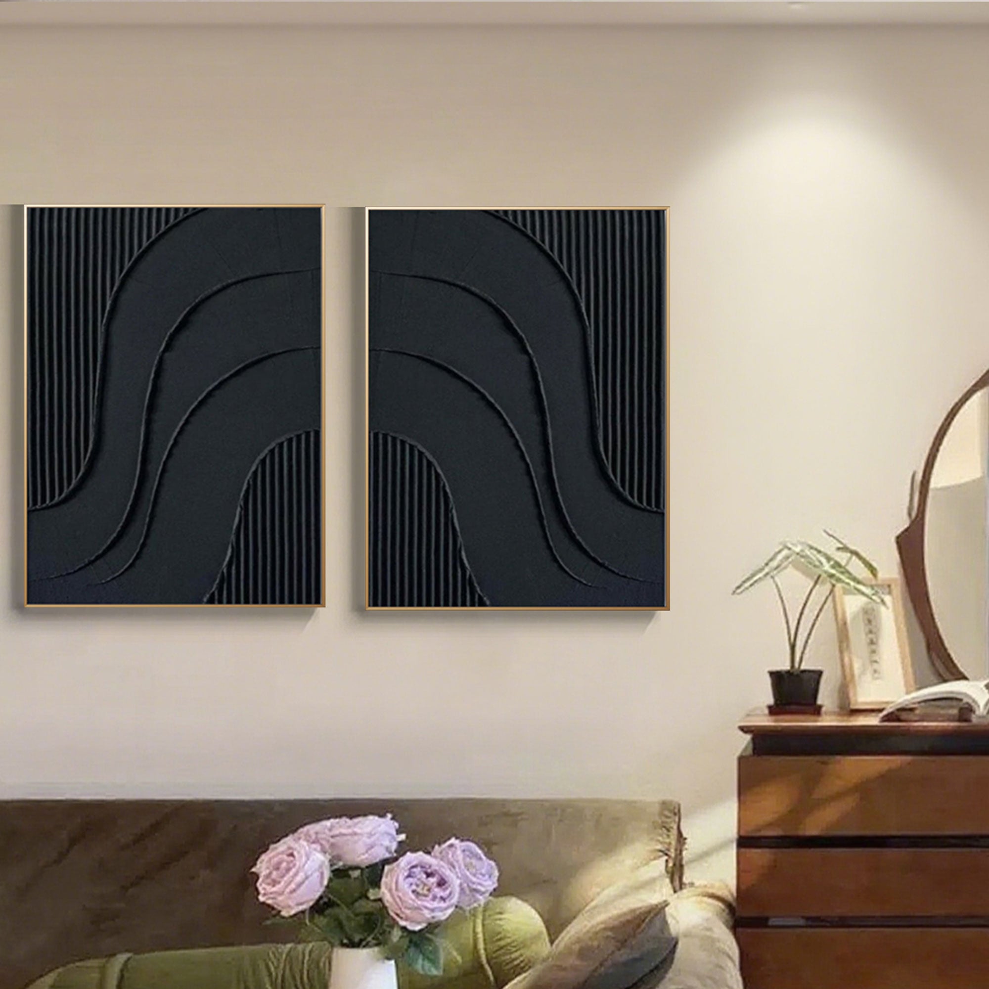 Close up of black abstract art showing vertical textures