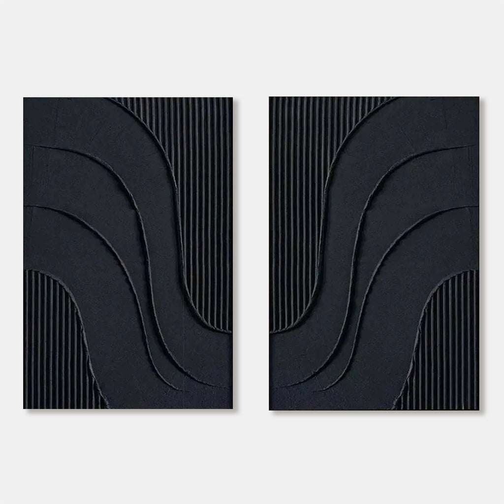 Minimalist geometric wall art with hand-painted 3D black textures on vertical canvas
