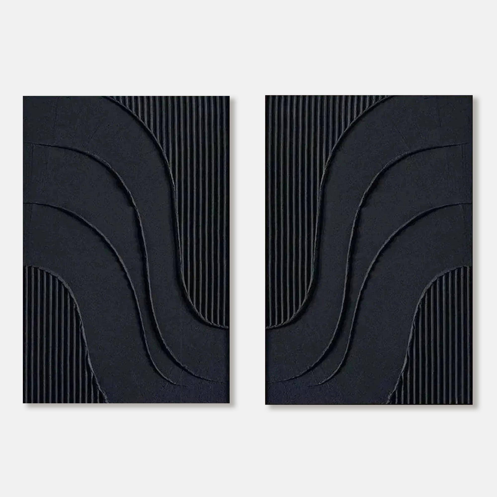 Minimalist geometric wall art with hand-painted 3D black textures on vertical canvas
