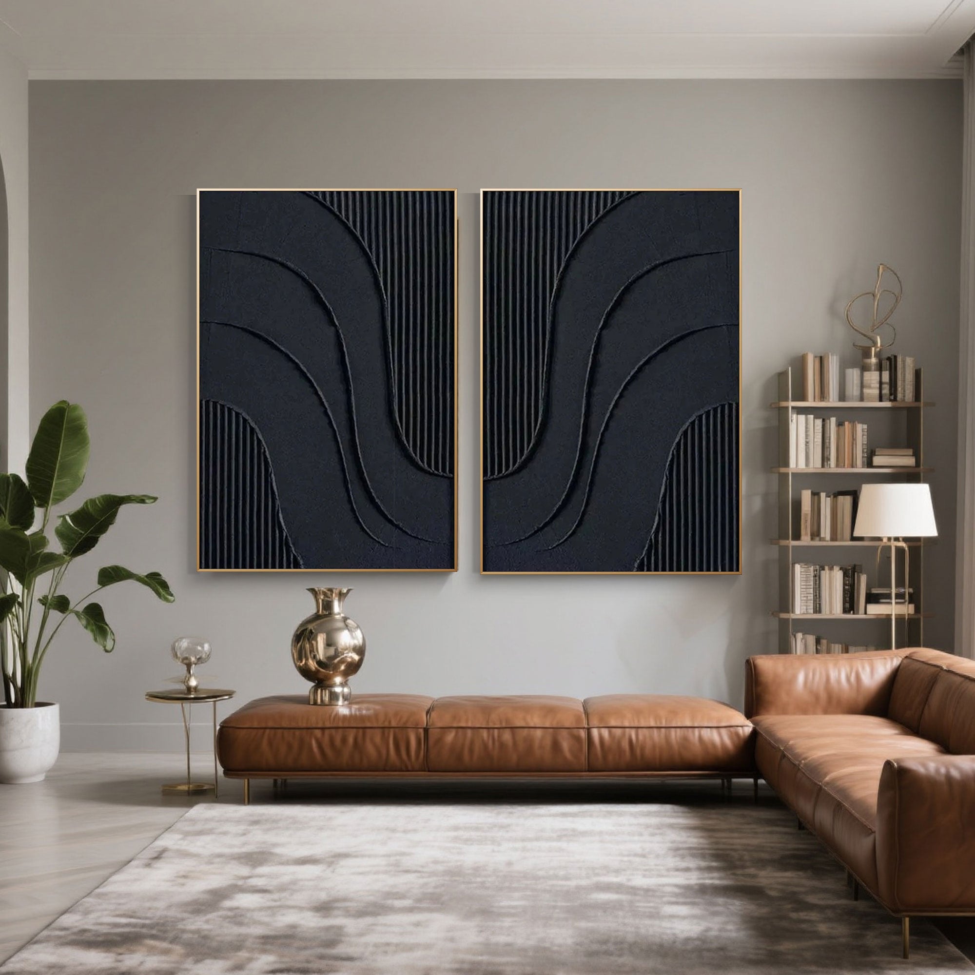 Modern black geometric canvas art with raised texture and clean vertical layout